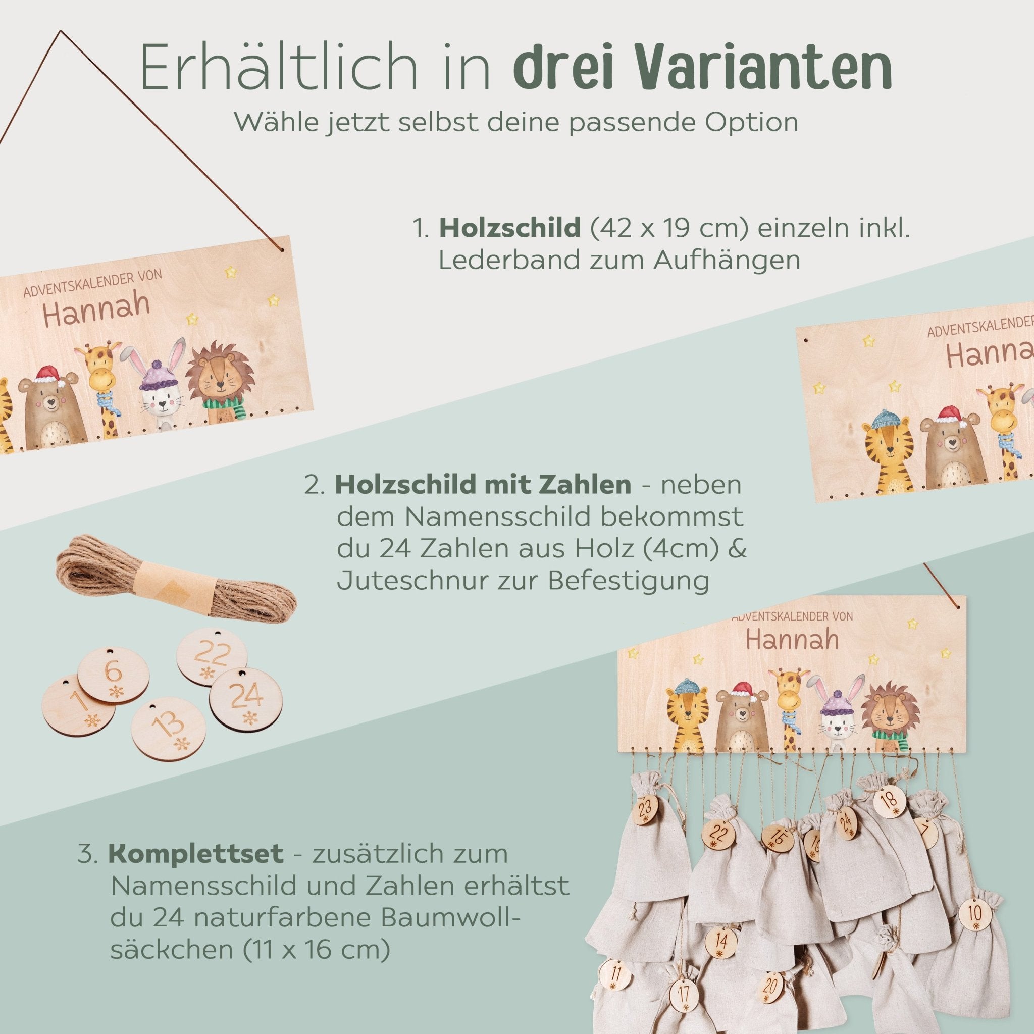 Adventskalender personalisiert - "Weihnachtstiere unten Sterne gerade" Aquarell - wunderwunsch