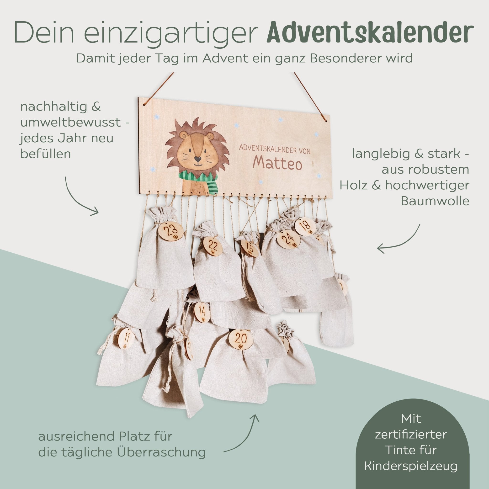 Adventskalender personalisiert - "Winterlöwe" Aquarell - wunderwunsch