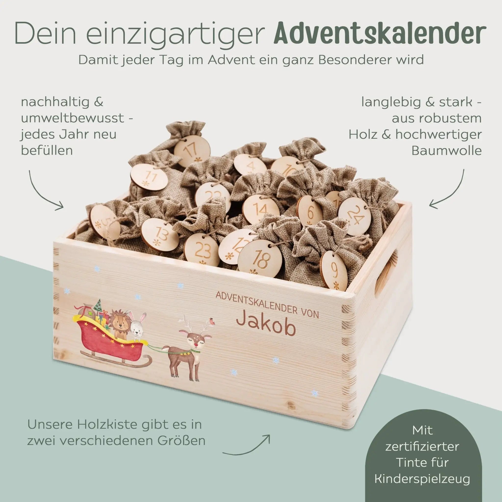 Adventskiste personalisiert - "Schlitten Tiere" Aquarell - wunderwunsch