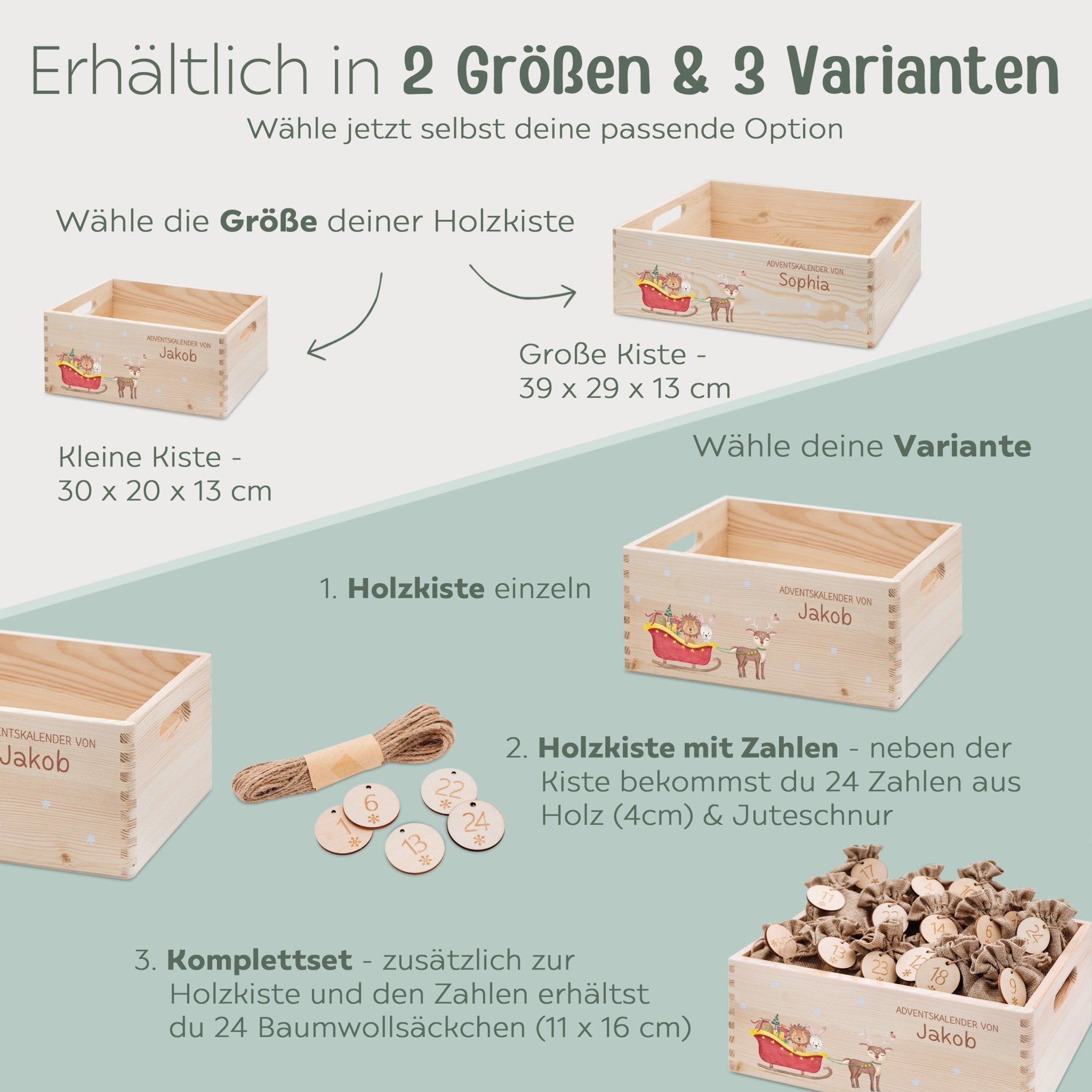 Adventskiste personalisiert - "Schlitten Tiere" Aquarell - wunderwunsch