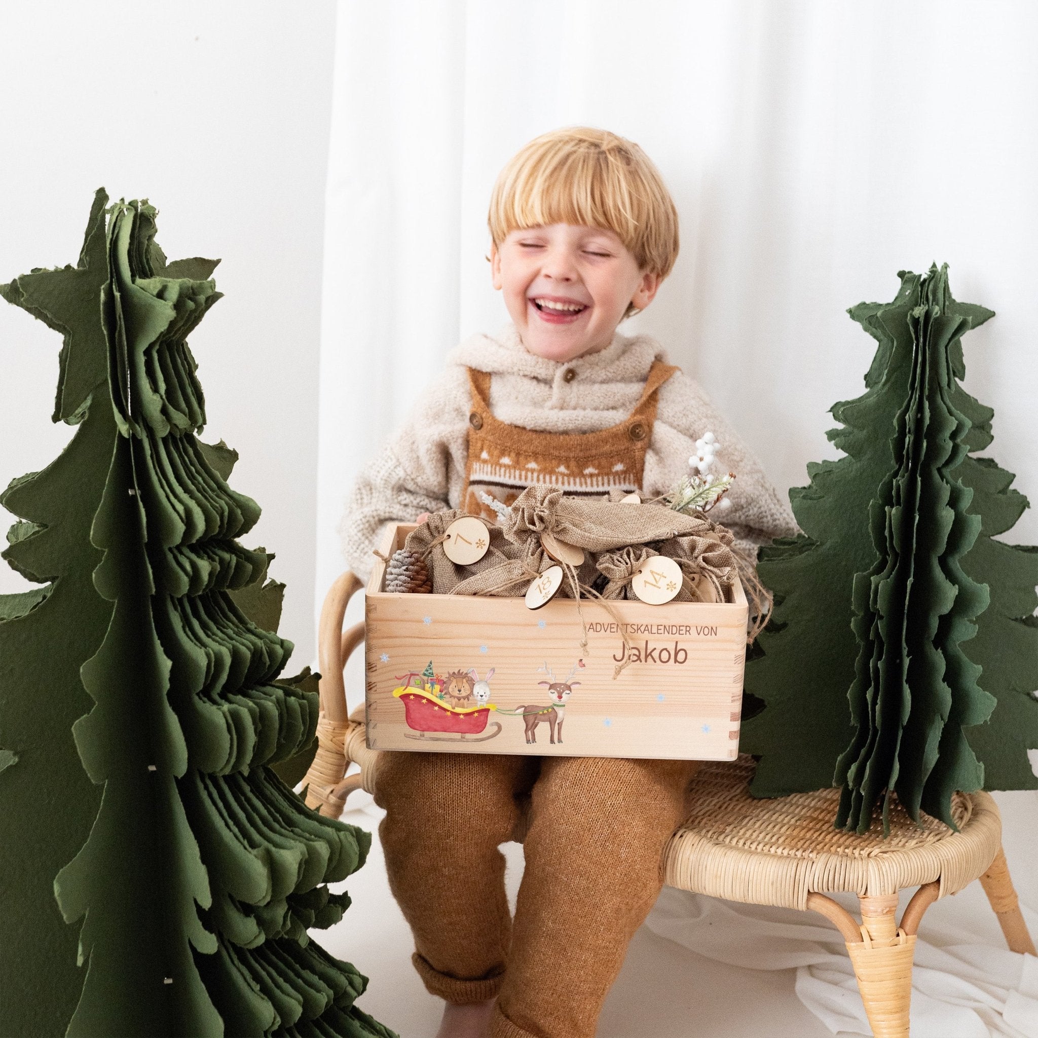 Adventskiste personalisiert - "Schlitten Tiere" Aquarell - wunderwunsch