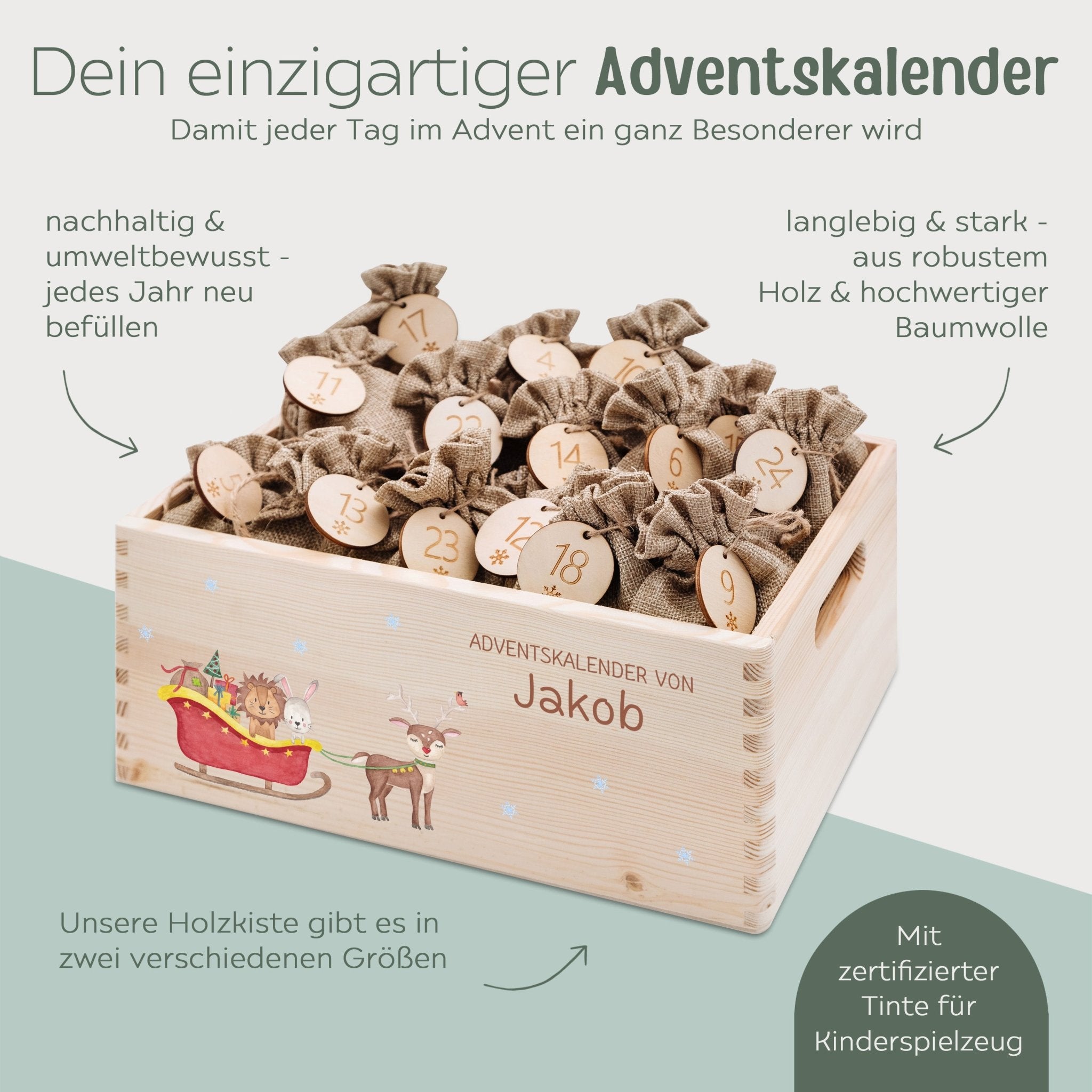 Adventskiste personalisiert - "Schlitten Tiere" Aquarell - wunderwunsch