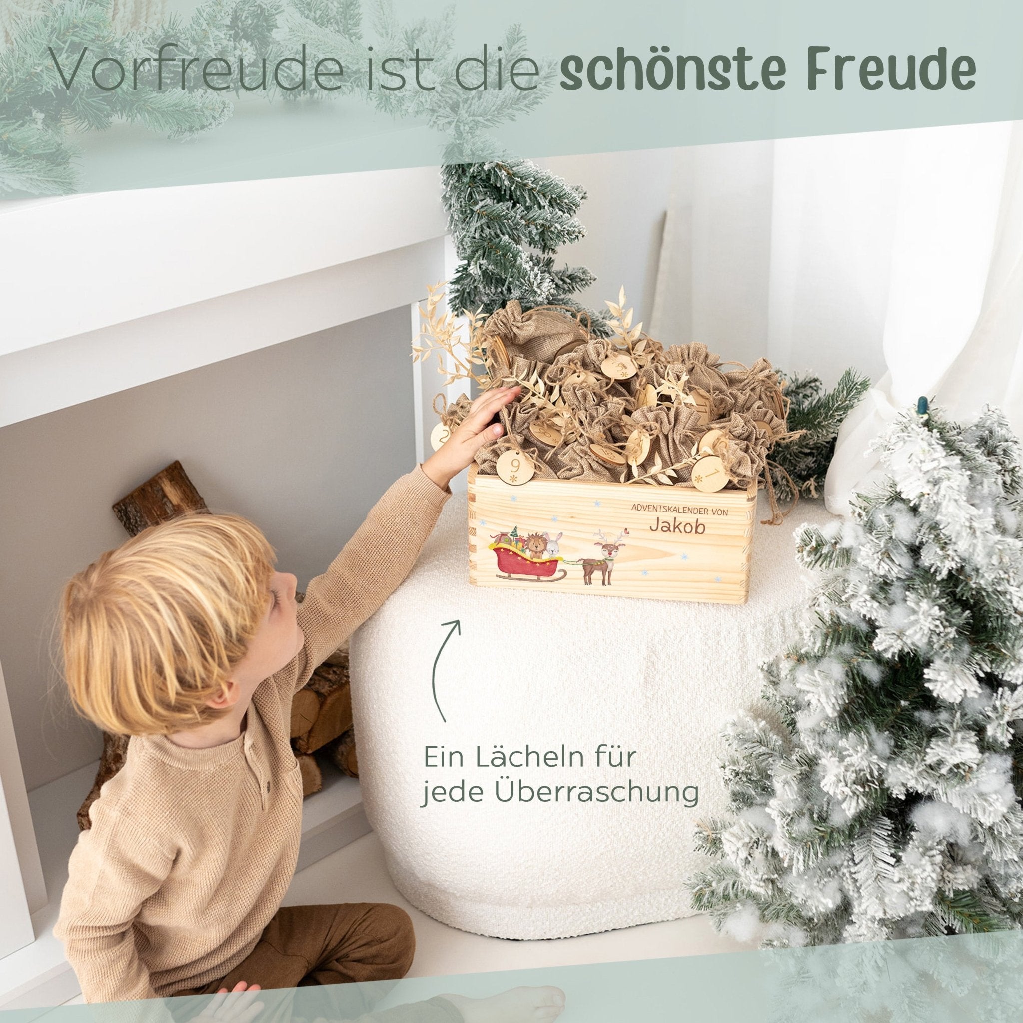 Adventskiste personalisiert - "Schlitten Tiere" Aquarell - wunderwunsch