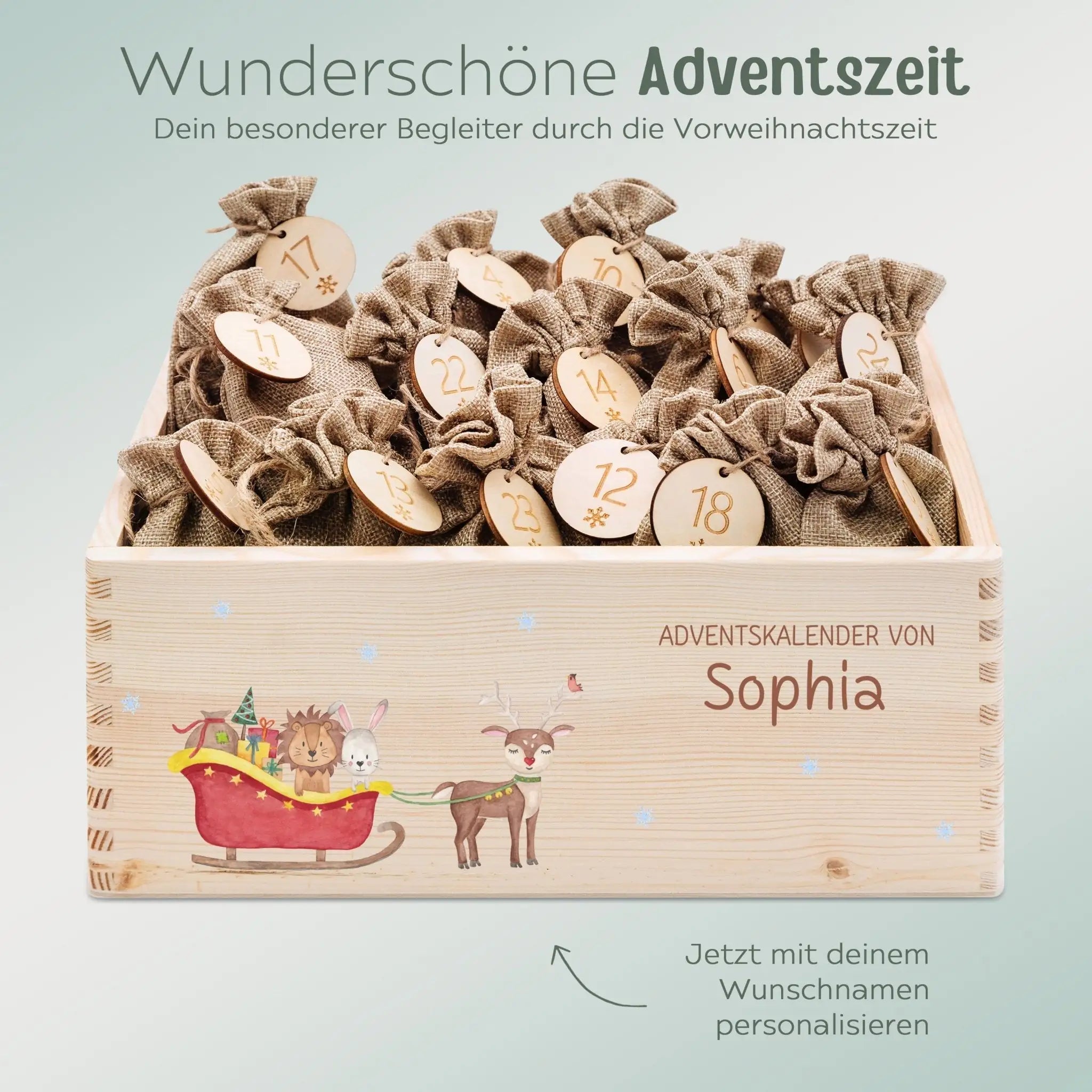 Adventskiste personalisiert - "Schlitten Tiere" Aquarell - wunderwunsch