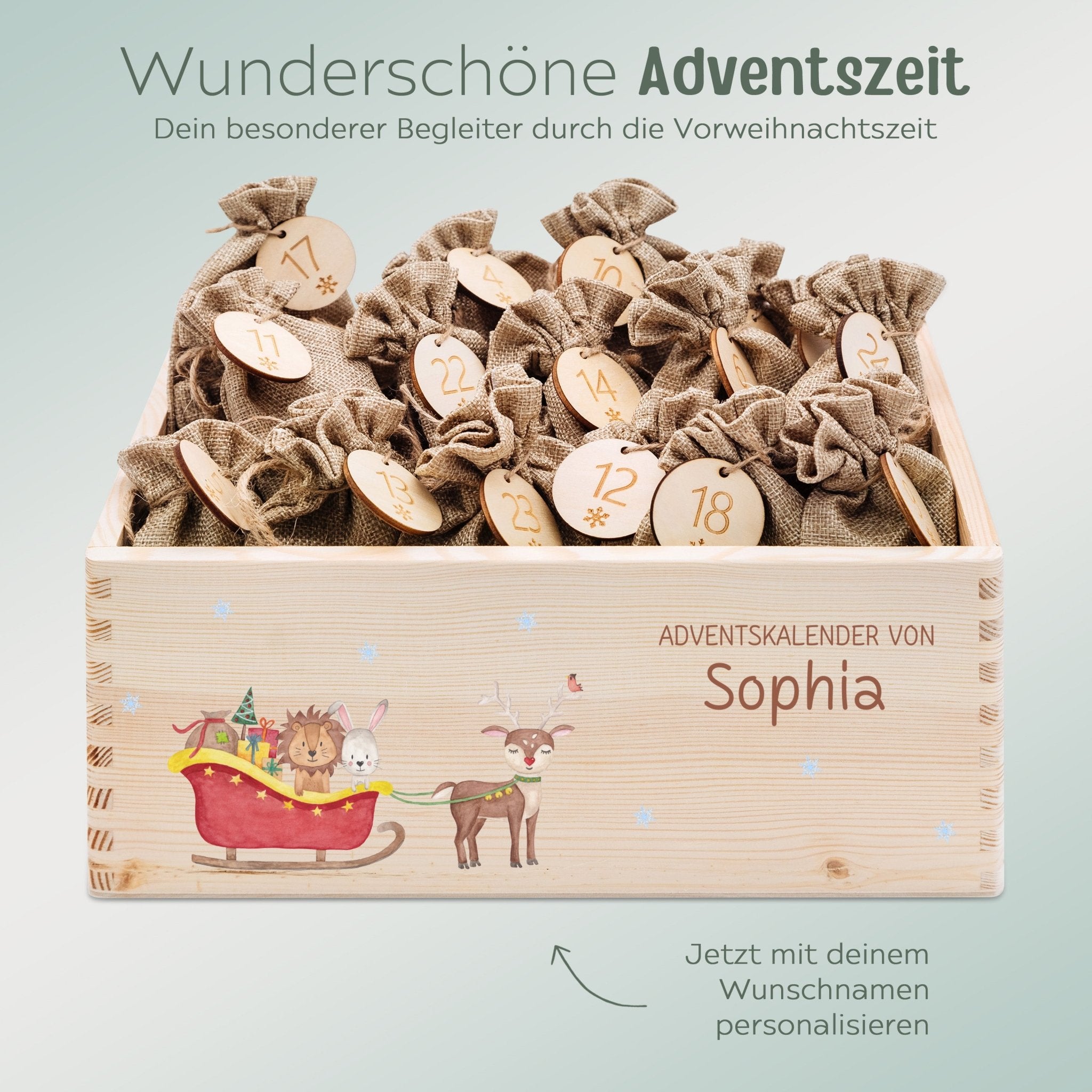 Adventskiste personalisiert - "Schlitten Tiere" Aquarell - wunderwunsch