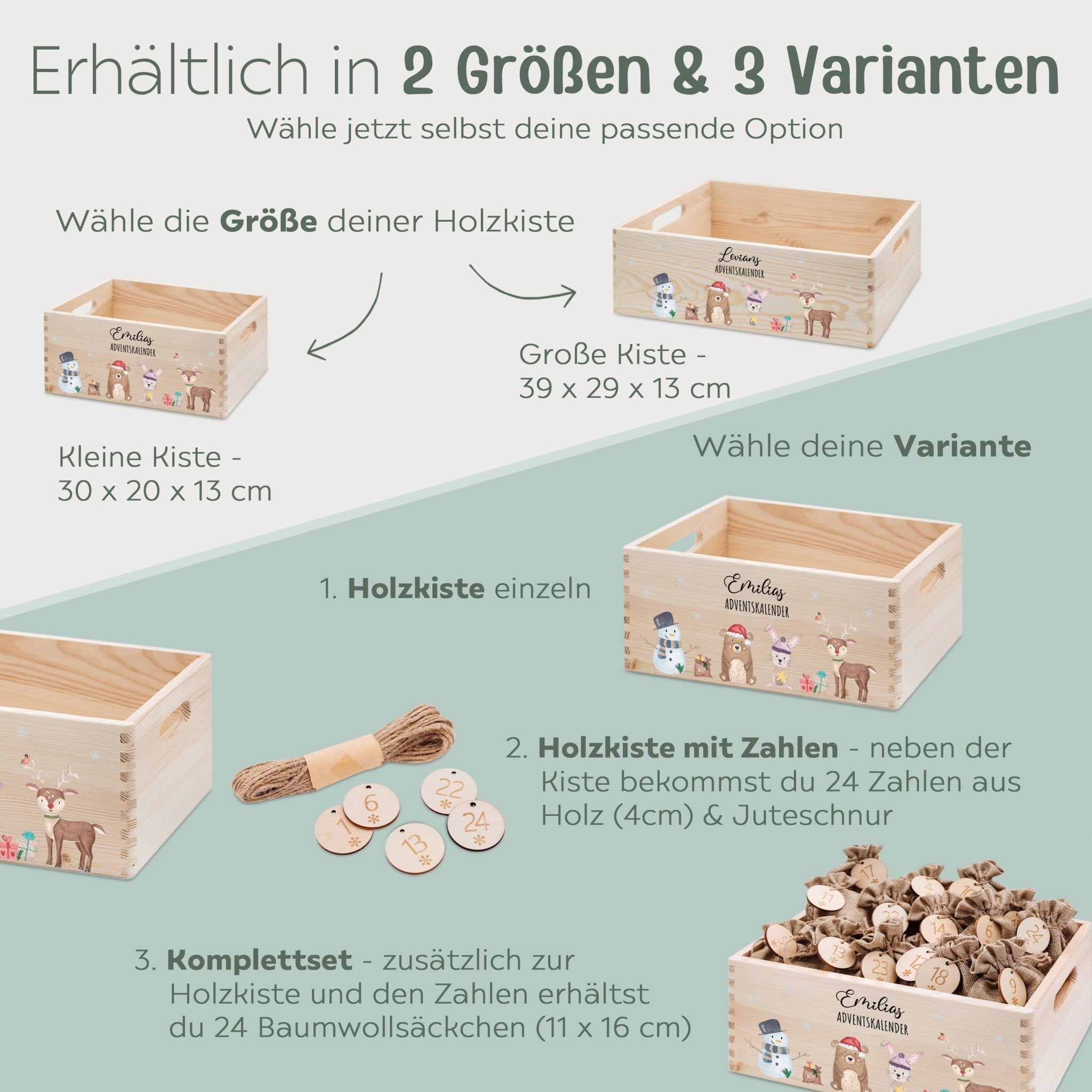 Adventskiste personalisiert - "Schneemann Tiere" Aquarell - wunderwunsch