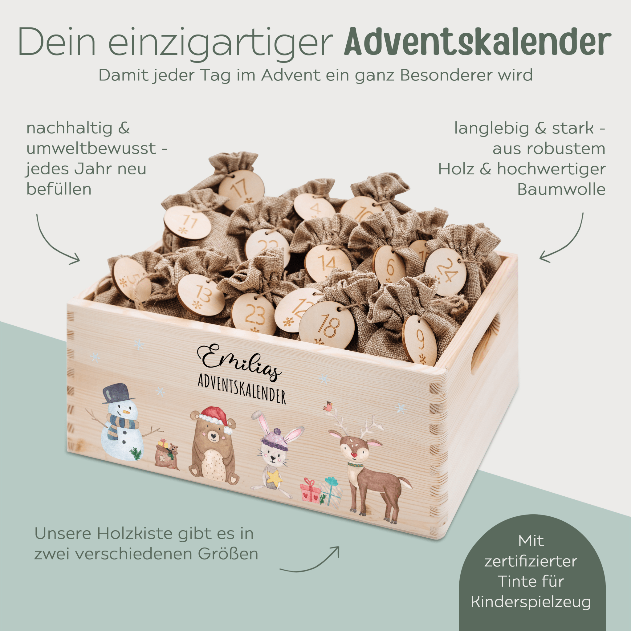 Adventskiste personalisiert - "Schneemann Tiere" Aquarell - wunderwunsch