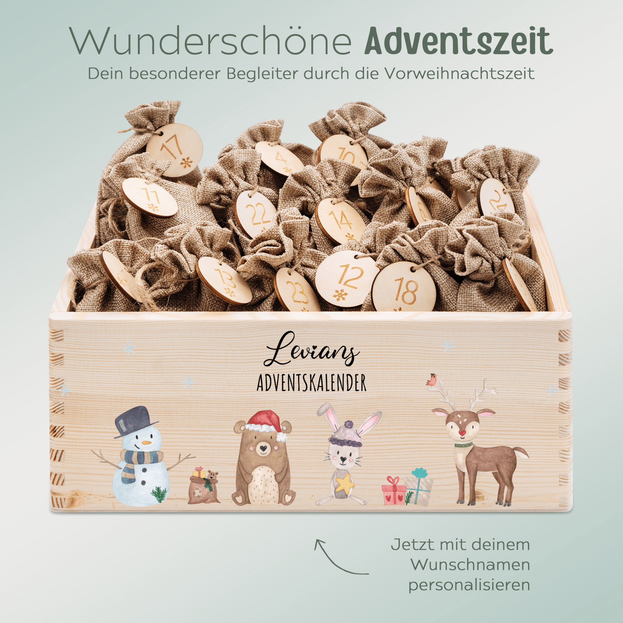 Adventskiste personalisiert - "Schneemann Tiere" Aquarell - wunderwunsch