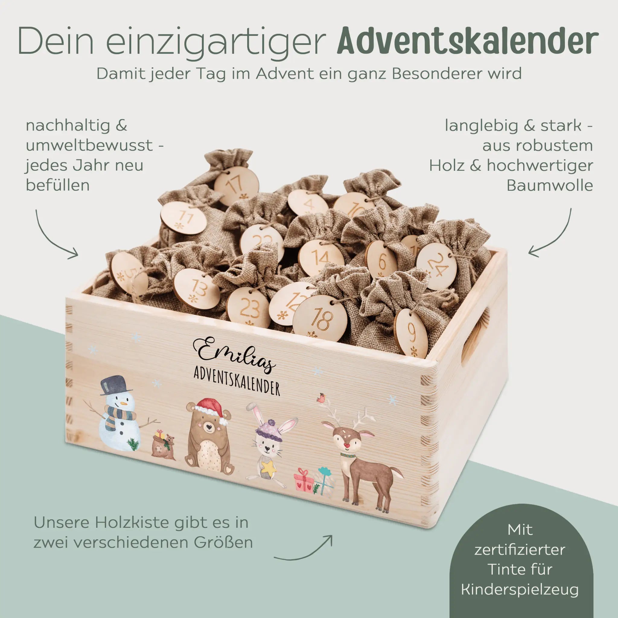 Adventskiste personalisiert - "Schneemann Tiere" Aquarell - wunderwunsch