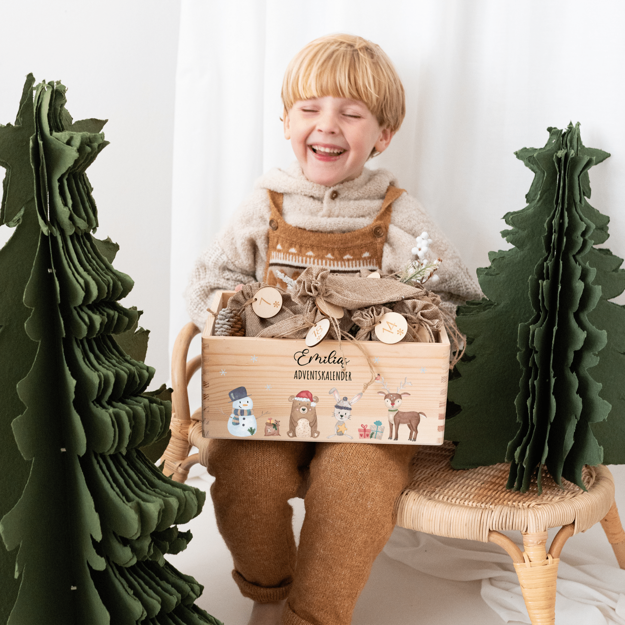 Adventskiste personalisiert - "Schneemann Tiere" Aquarell - wunderwunsch