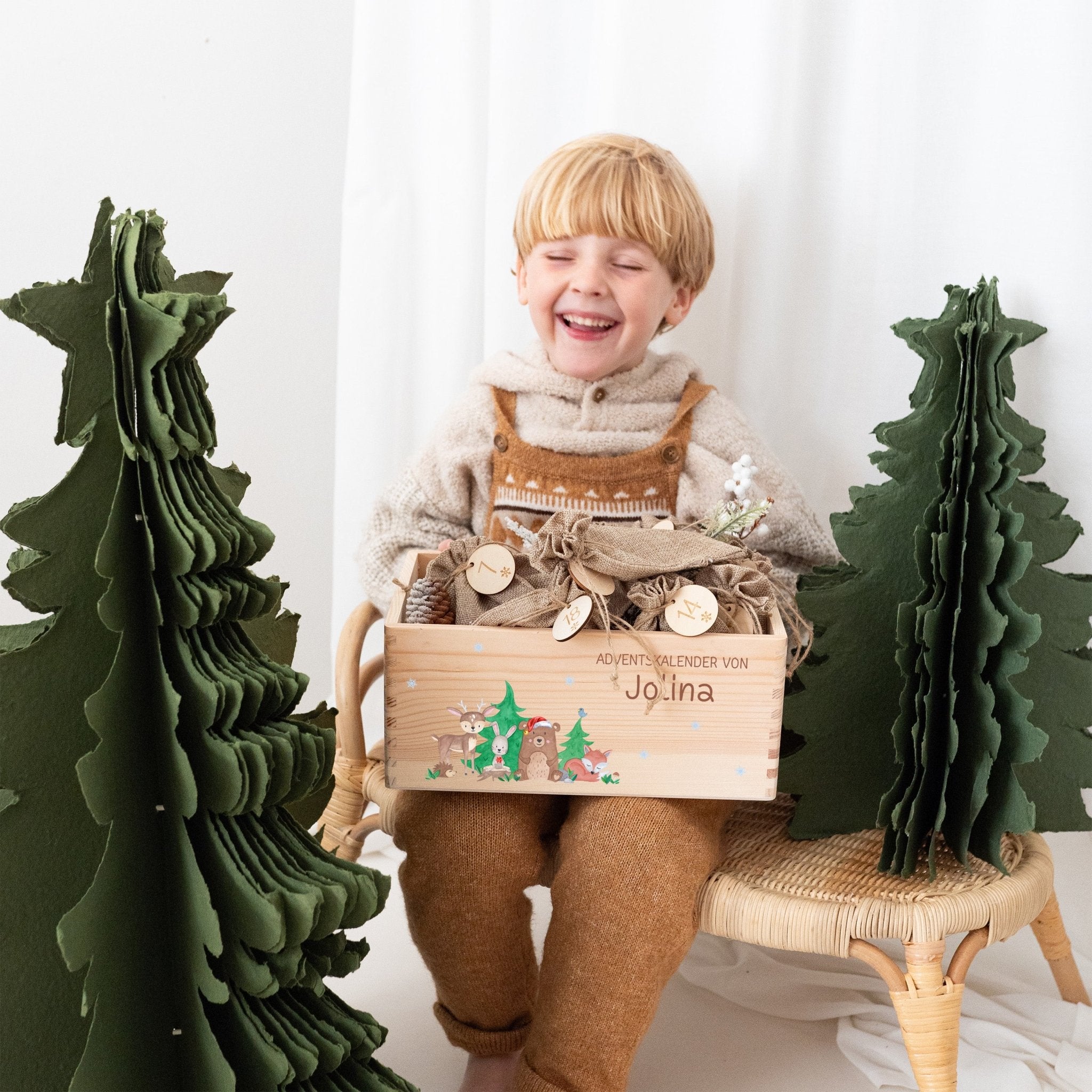 Adventskiste personalisiert - "Weihnachtliche Waldfreunde" Aquarell - wunderwunsch