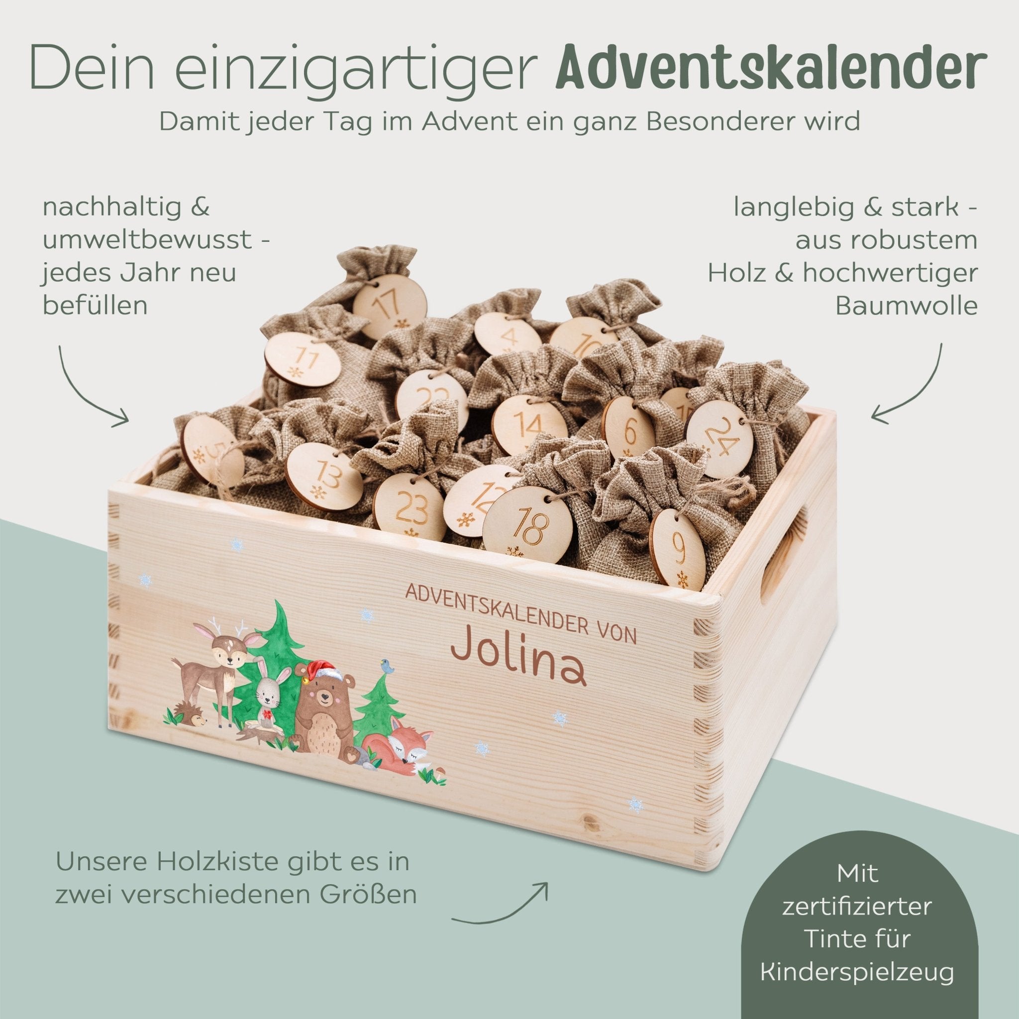 Adventskiste personalisiert - "Weihnachtliche Waldfreunde" Aquarell - wunderwunsch