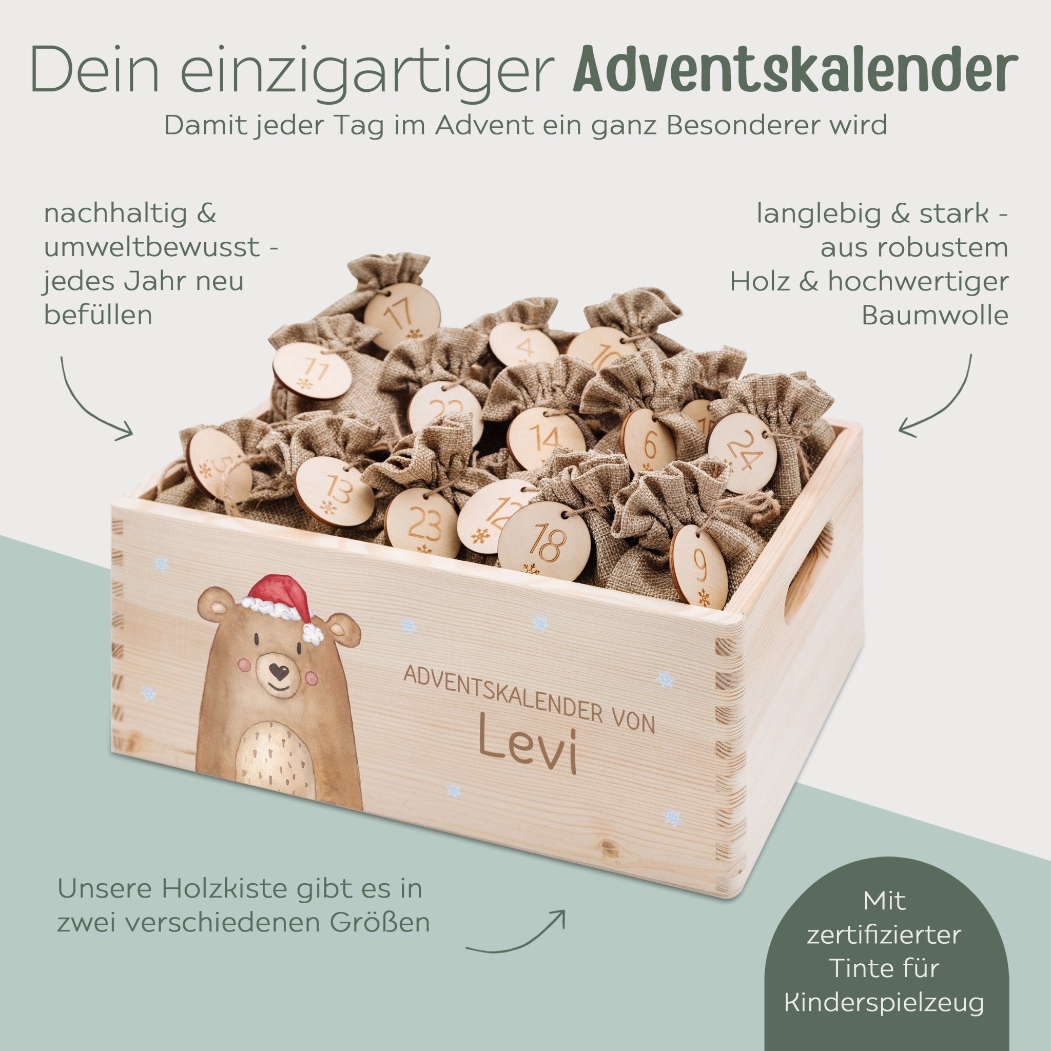 Adventskiste personalisiert - "Weihnachtsbär" Aquarell - wunderwunsch