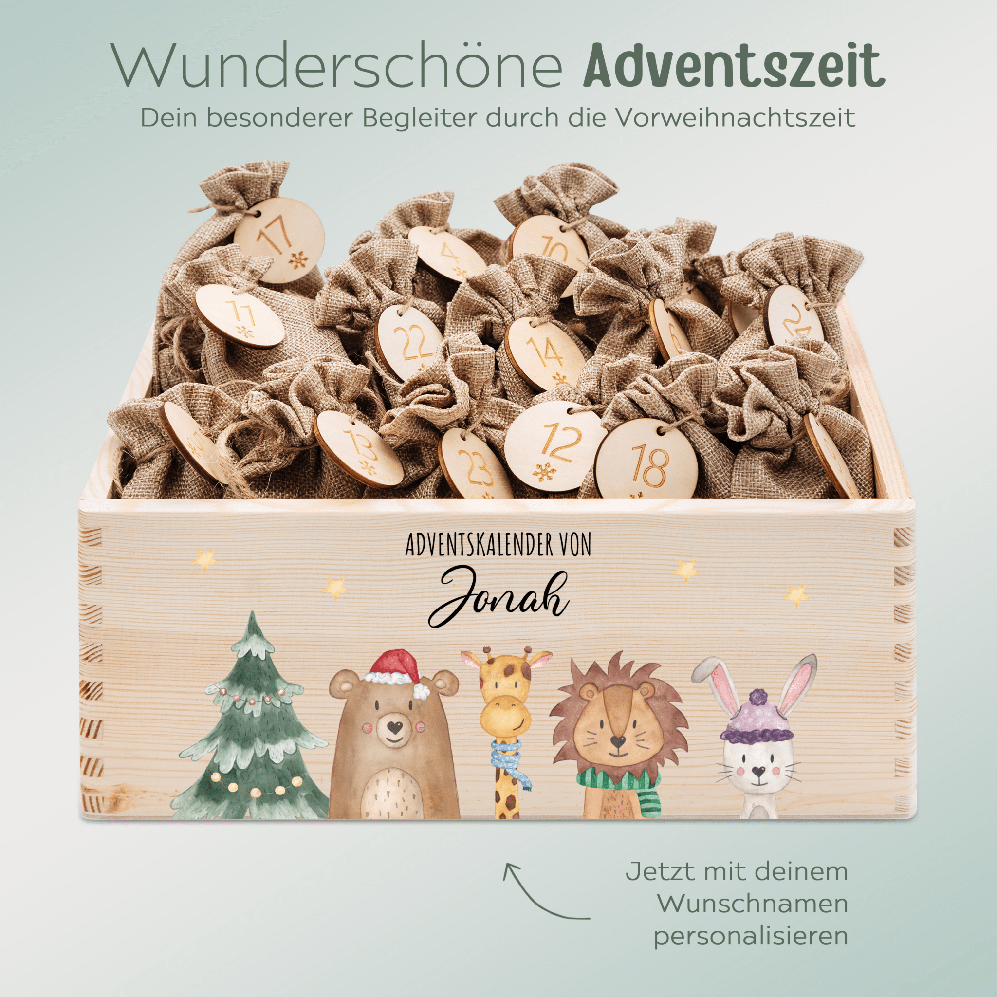 Adventskiste personalisiert - "Weihnachtsbaum Tiere" Aquarell - wunderwunsch