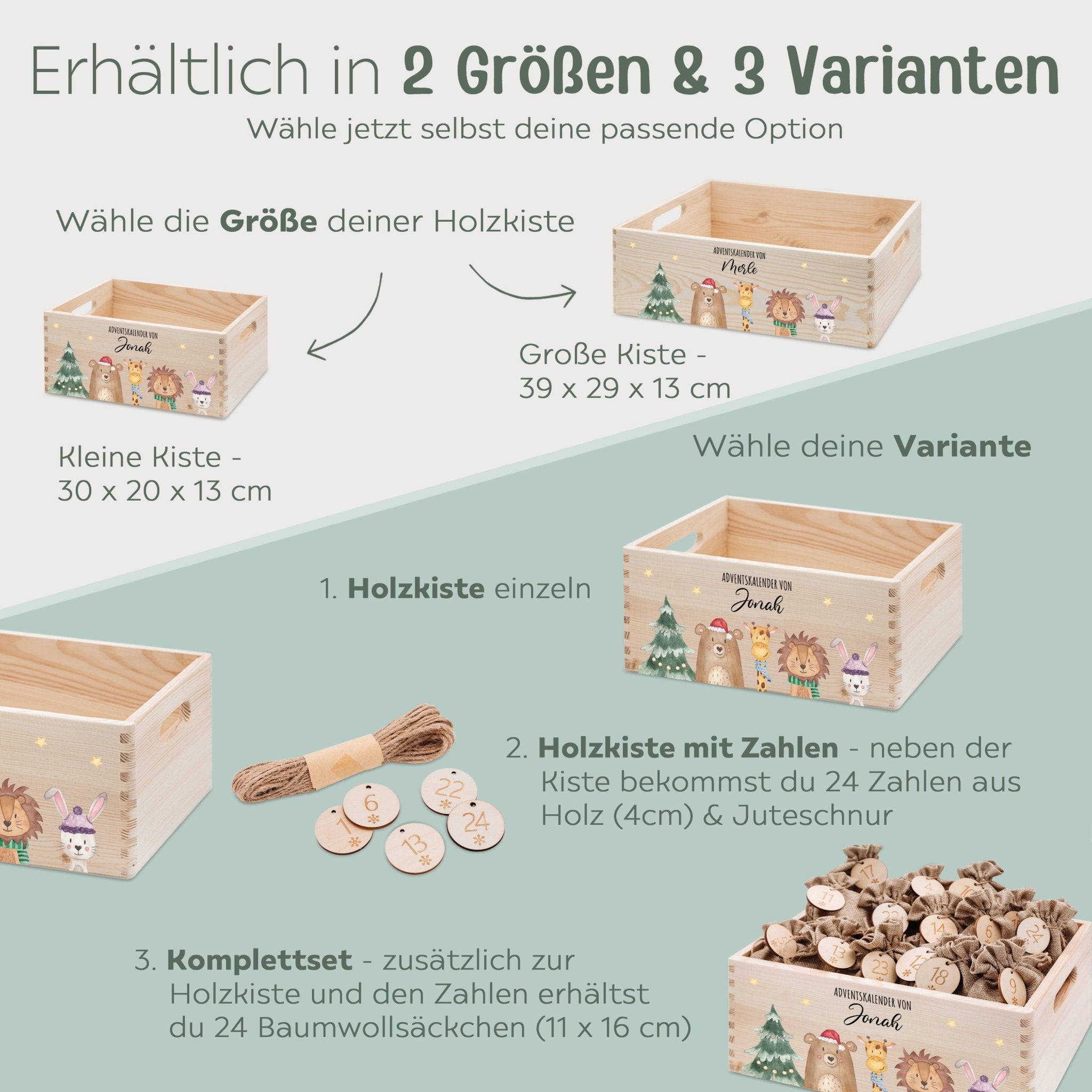 Adventskiste personalisiert - "Weihnachtsbaum Tiere" Aquarell - wunderwunsch