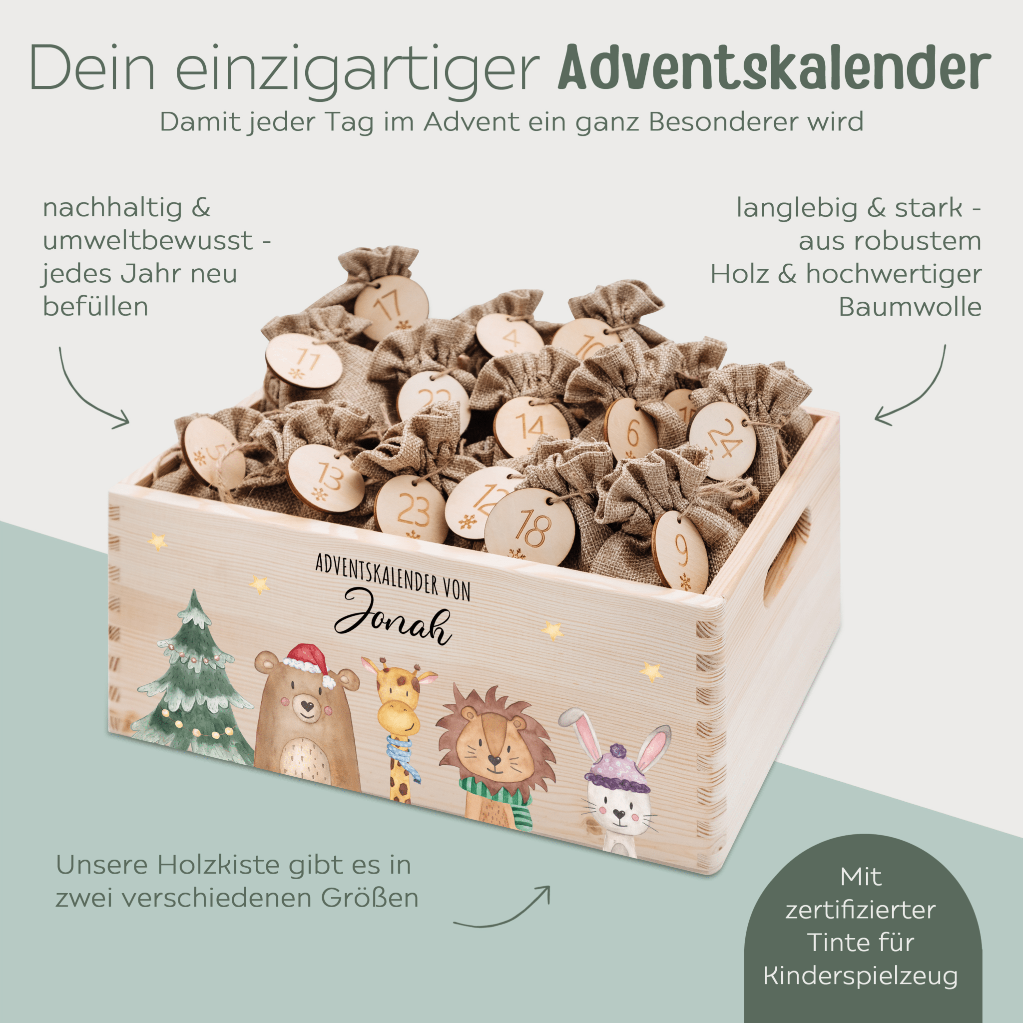 Adventskiste personalisiert - "Weihnachtsbaum Tiere" Aquarell - wunderwunsch