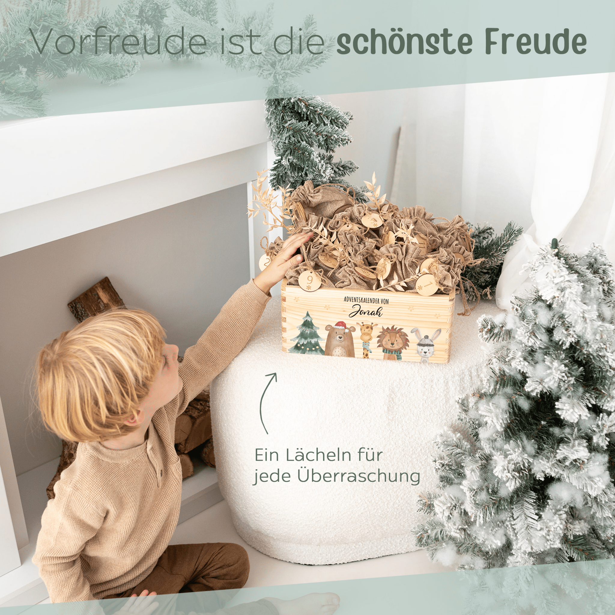 Adventskiste personalisiert - "Weihnachtsbaum Tiere" Aquarell - wunderwunsch