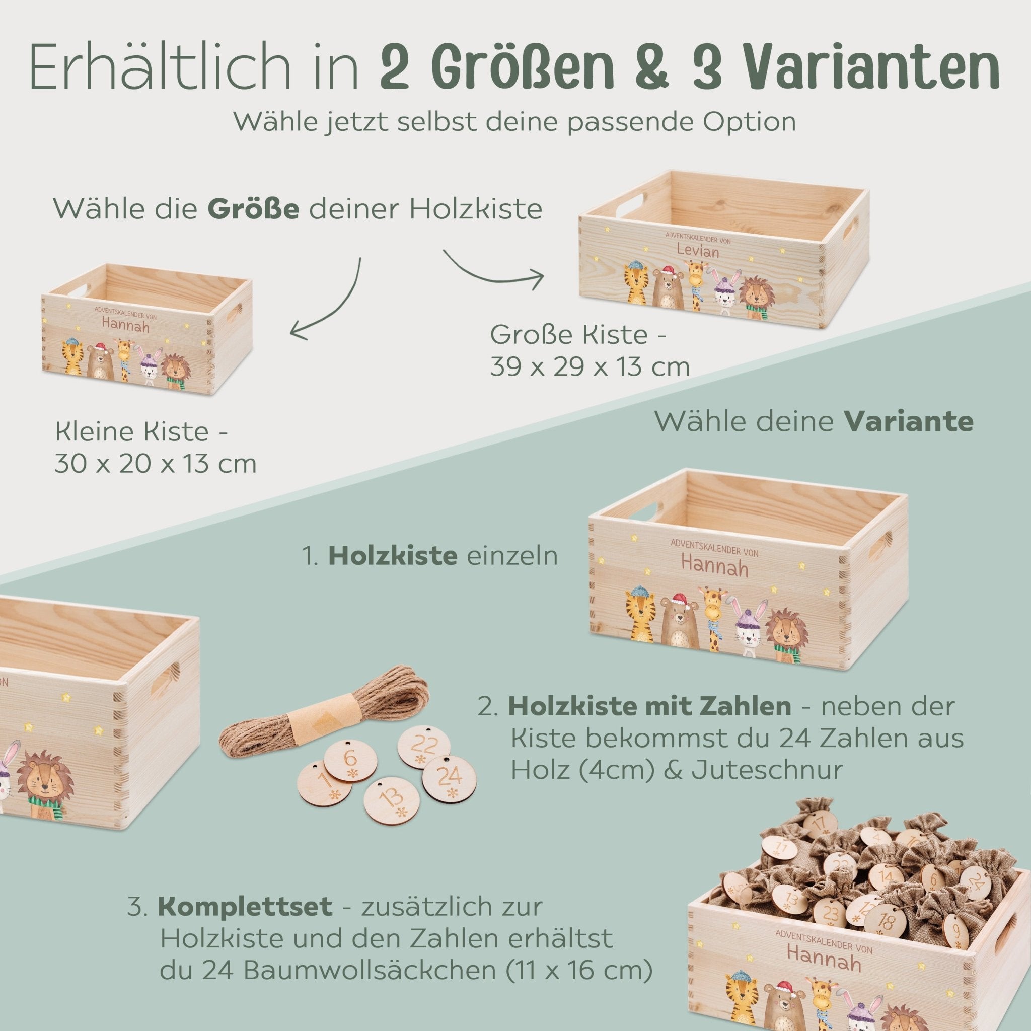 Adventskiste personalisiert - "Weihnachtstiere unten Sterne" Aquarell - wunderwunsch