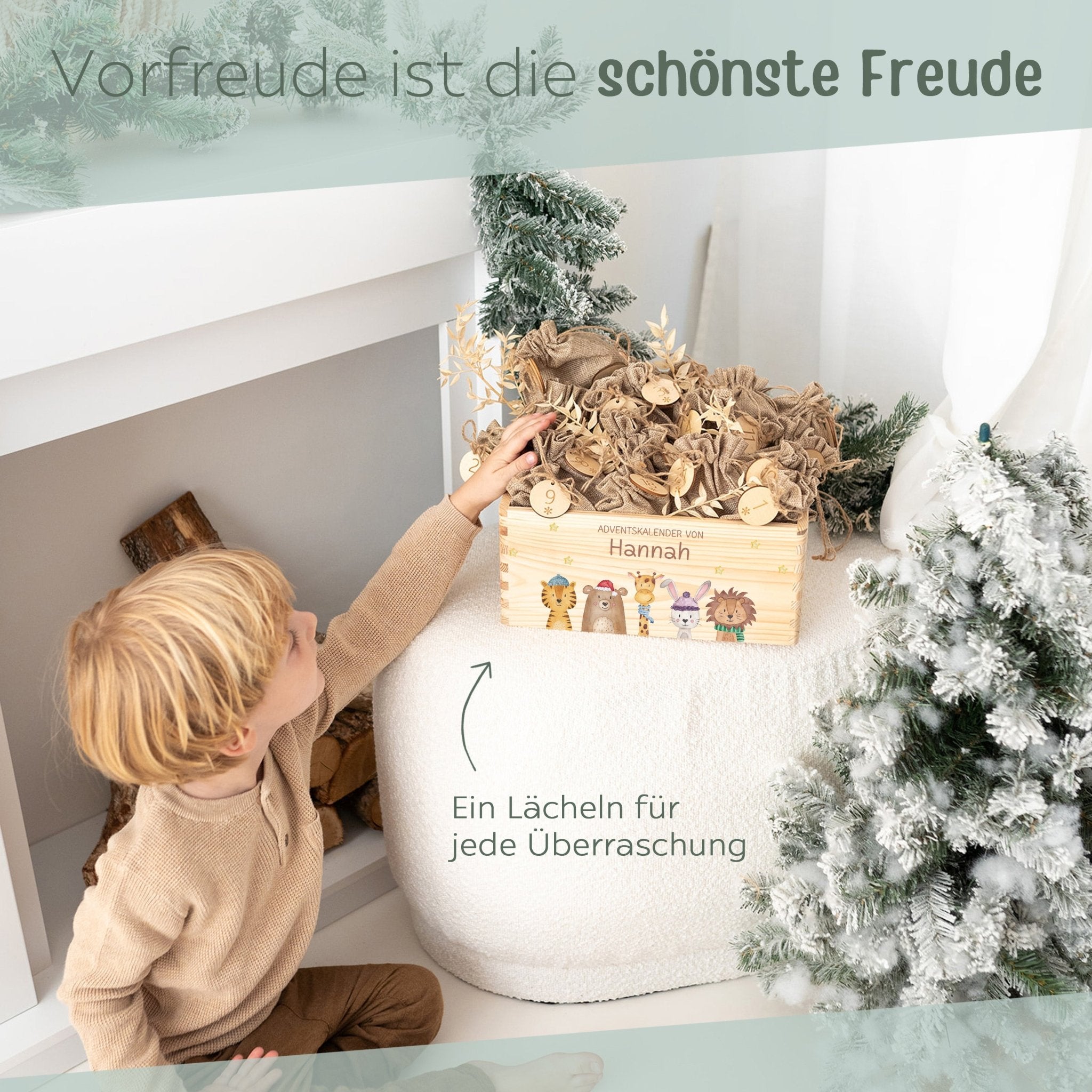 Adventskiste personalisiert - "Weihnachtstiere unten Sterne" Aquarell - wunderwunsch