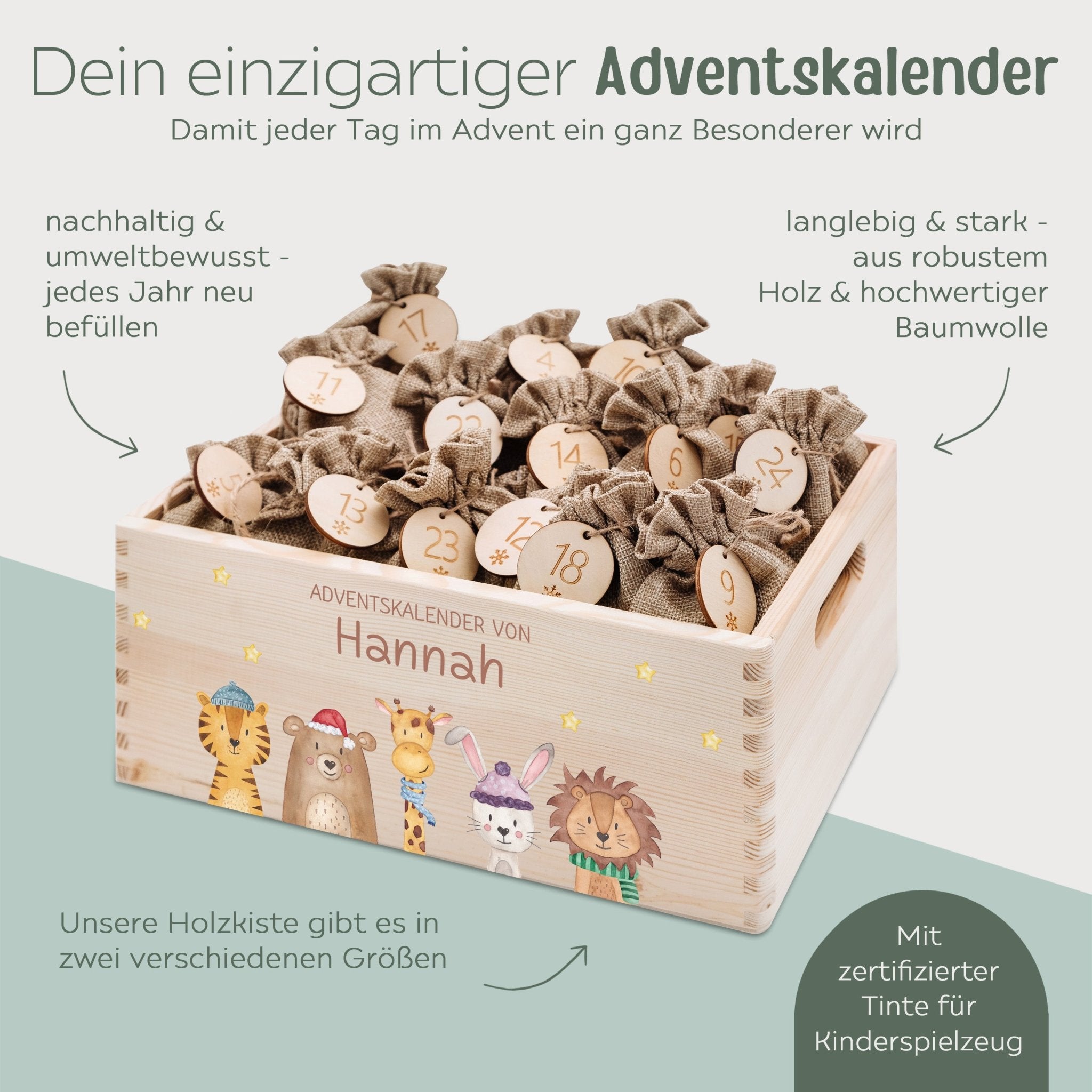 Adventskiste personalisiert - "Weihnachtstiere unten Sterne" Aquarell - wunderwunsch