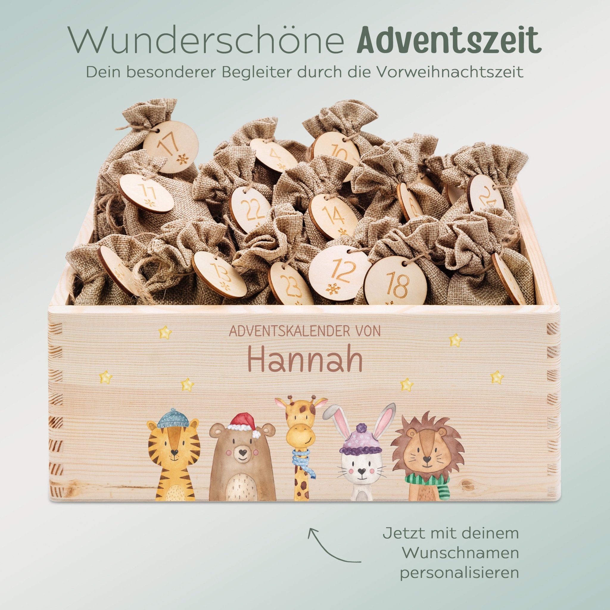 Adventskiste personalisiert - "Weihnachtstiere unten Sterne" Aquarell - wunderwunsch