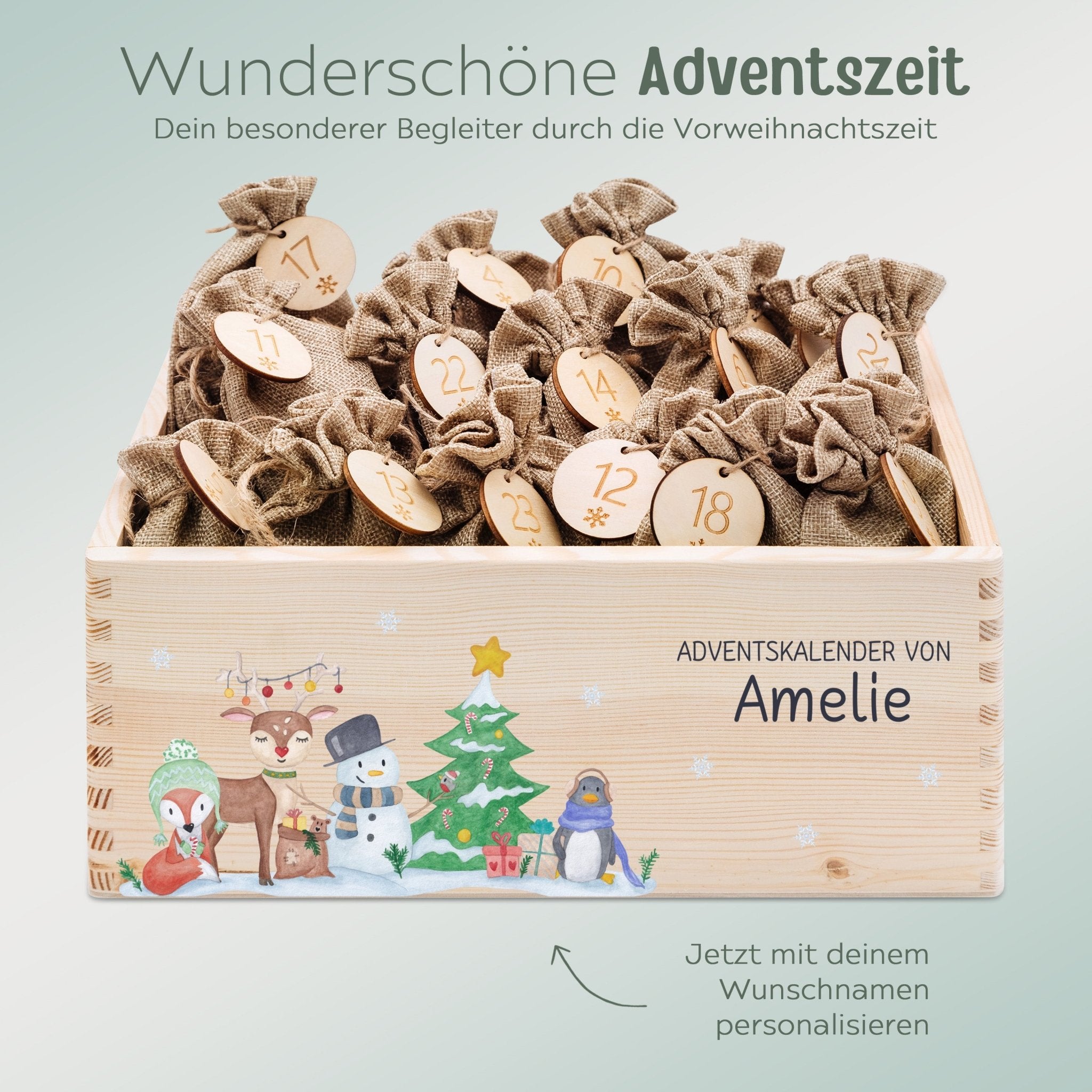 Adventskiste personalisiert - "Winterwald Tiere" Aquarell - wunderwunsch