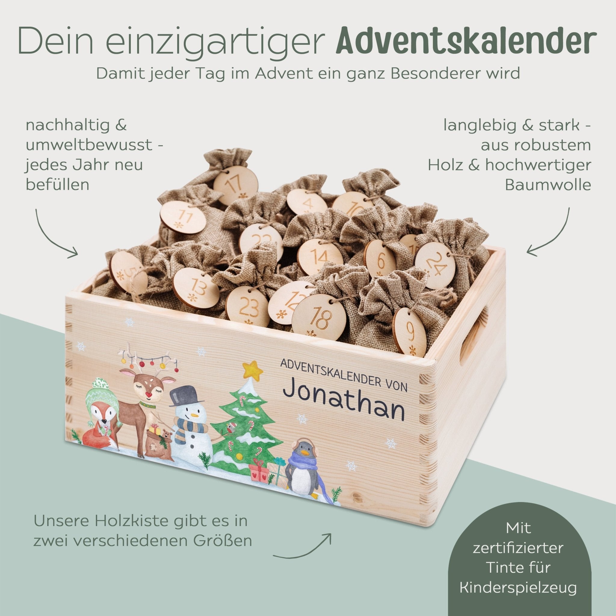 Adventskiste personalisiert - "Winterwald Tiere" Aquarell - wunderwunsch