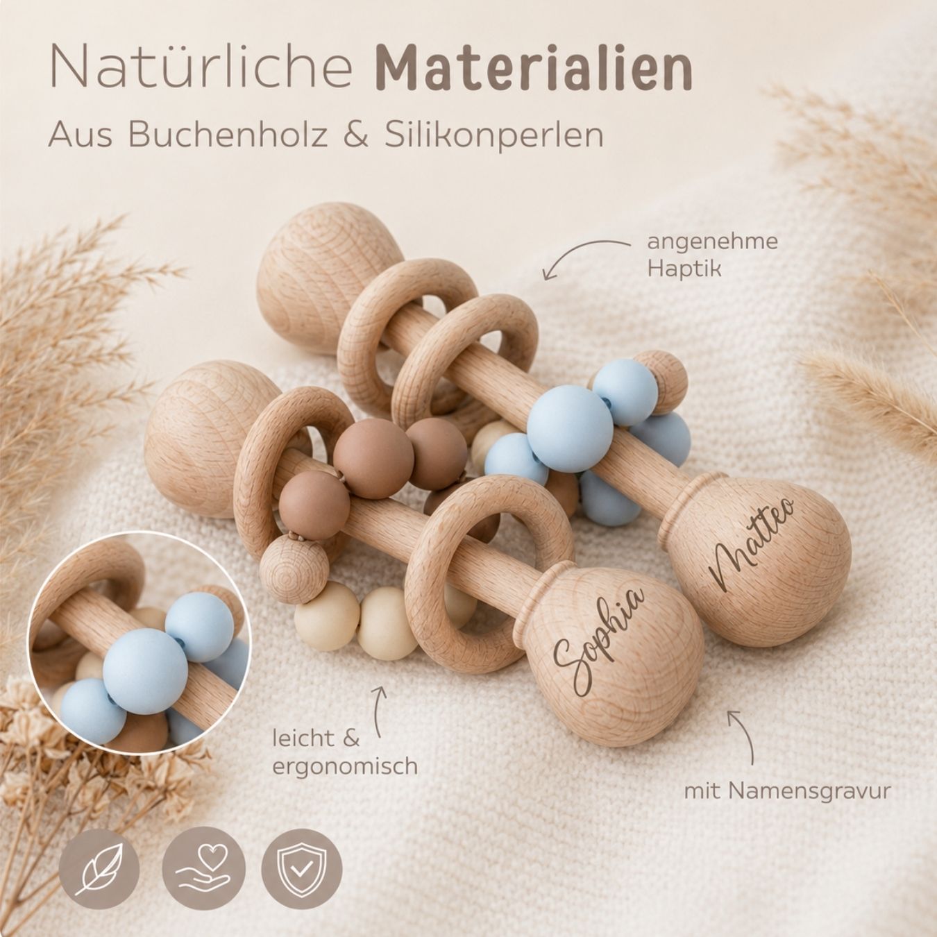 Baby Holzrassel mit Silikonperlen personalisiert - wunderwunsch