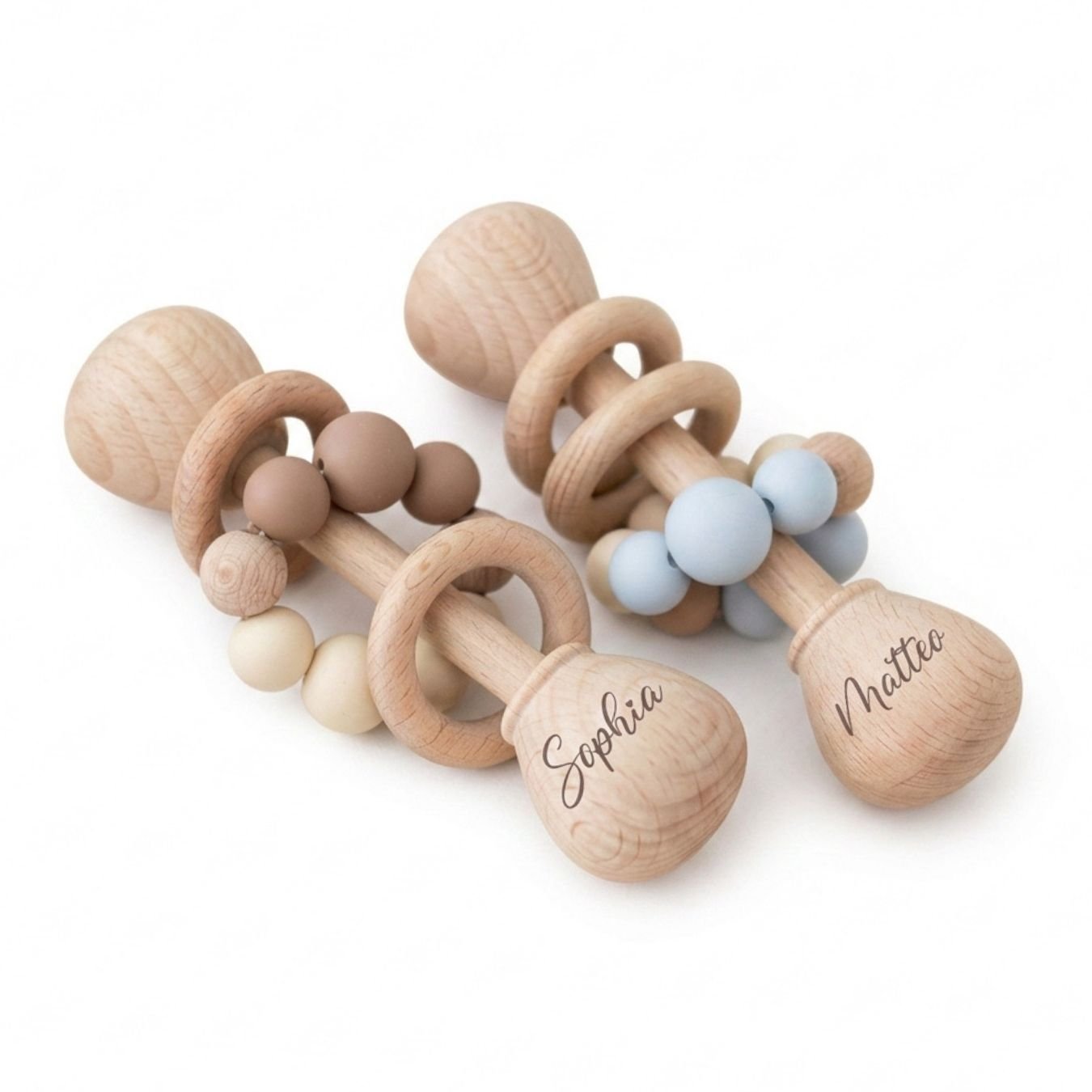 Baby Holzrassel mit Silikonperlen personalisiert - wunderwunsch