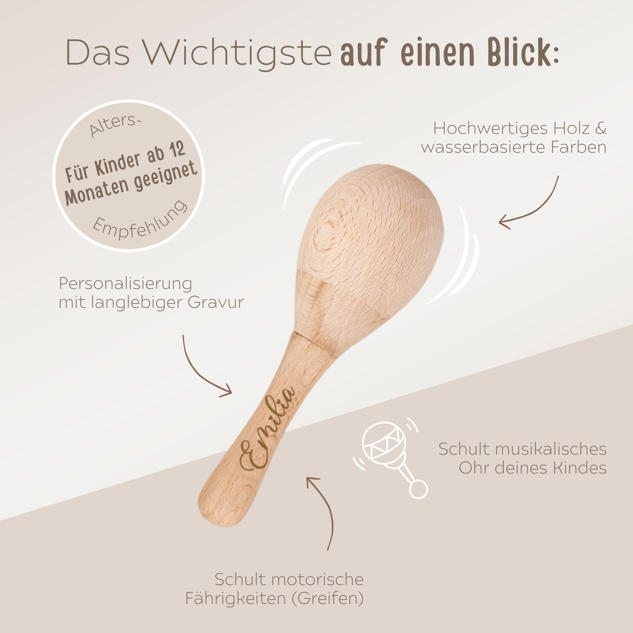 Baby Maracas Stabrassel aus Holz personalisiert - wunderwunsch