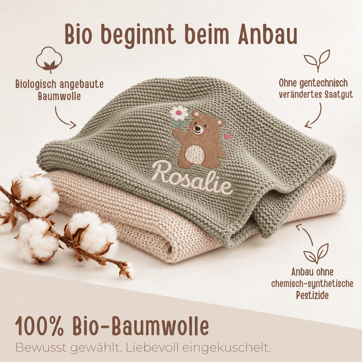 Baby Strickdecke aus 100% Bio-Baumwolle personalisiert - Bär mit Blume - wunderwunsch