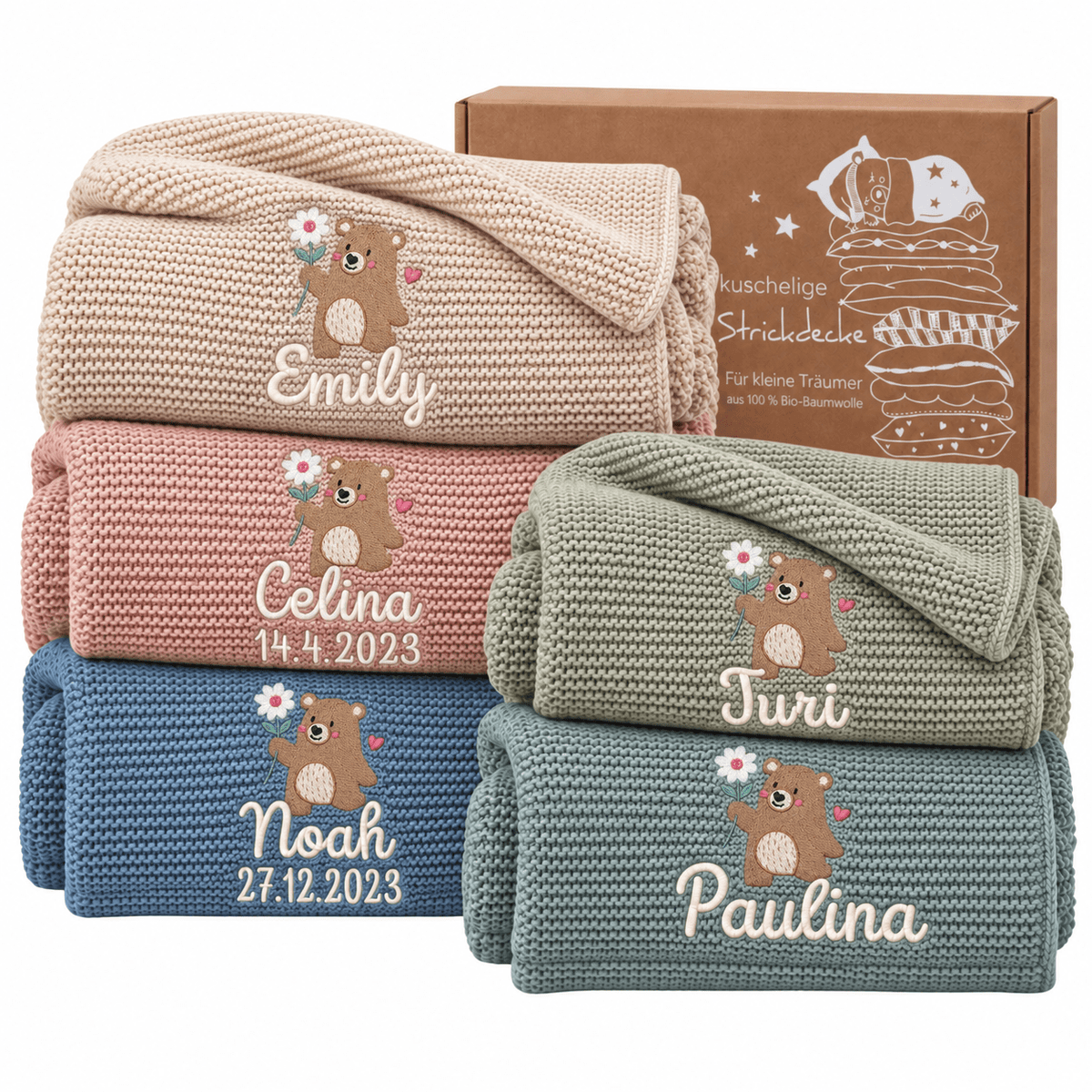 Baby Strickdecke aus 100% Bio-Baumwolle personalisiert - Bär mit Blume - wunderwunsch