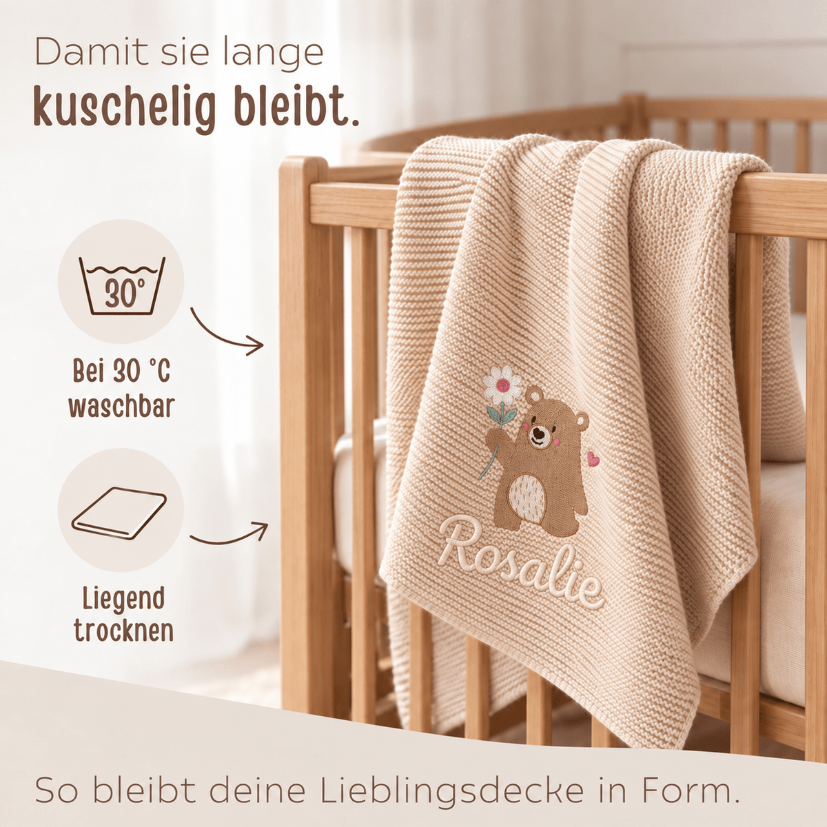 Baby Strickdecke aus 100% Bio-Baumwolle personalisiert - Bär mit Blume - wunderwunsch
