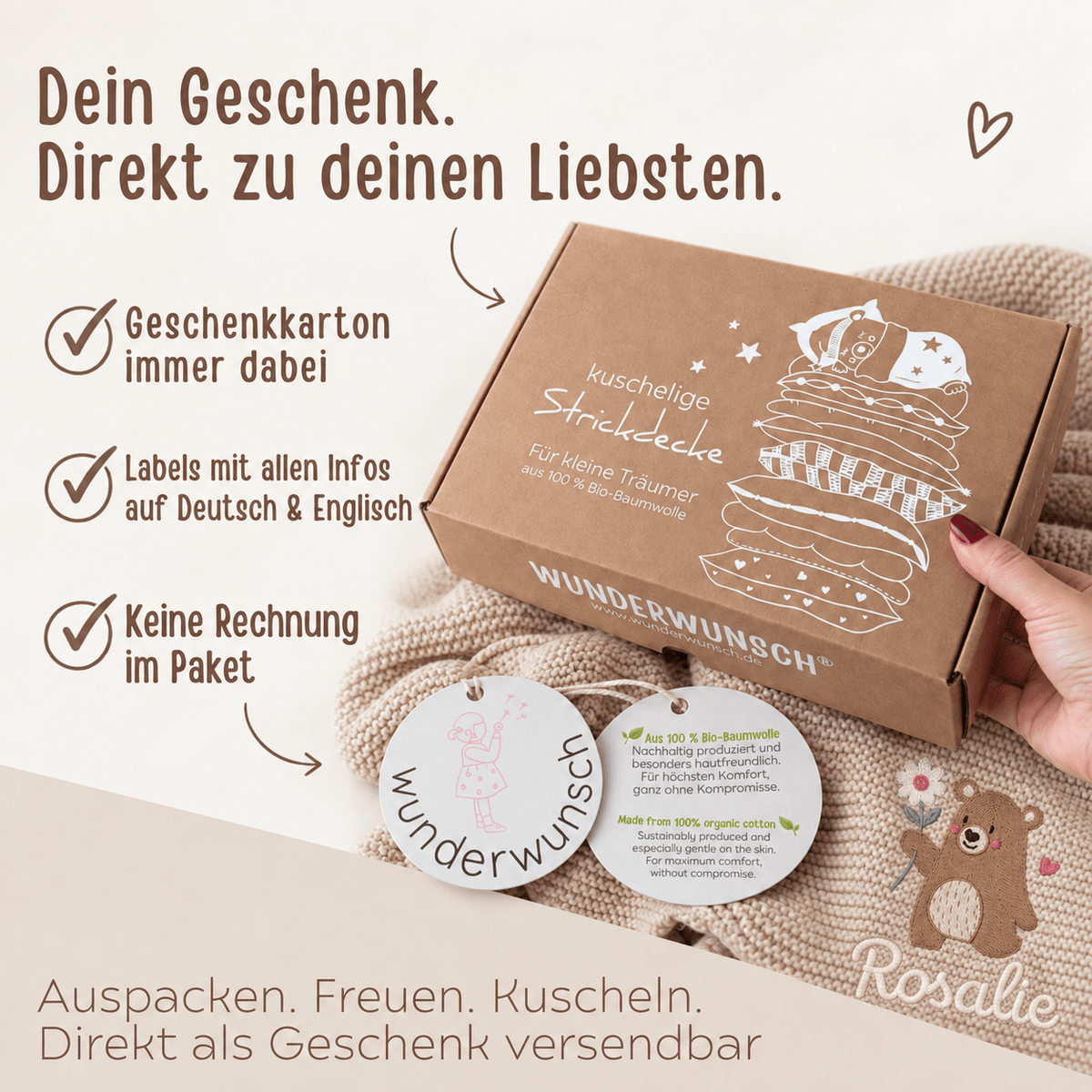 Baby Strickdecke aus 100% Bio-Baumwolle personalisiert - Bär mit Blume - wunderwunsch