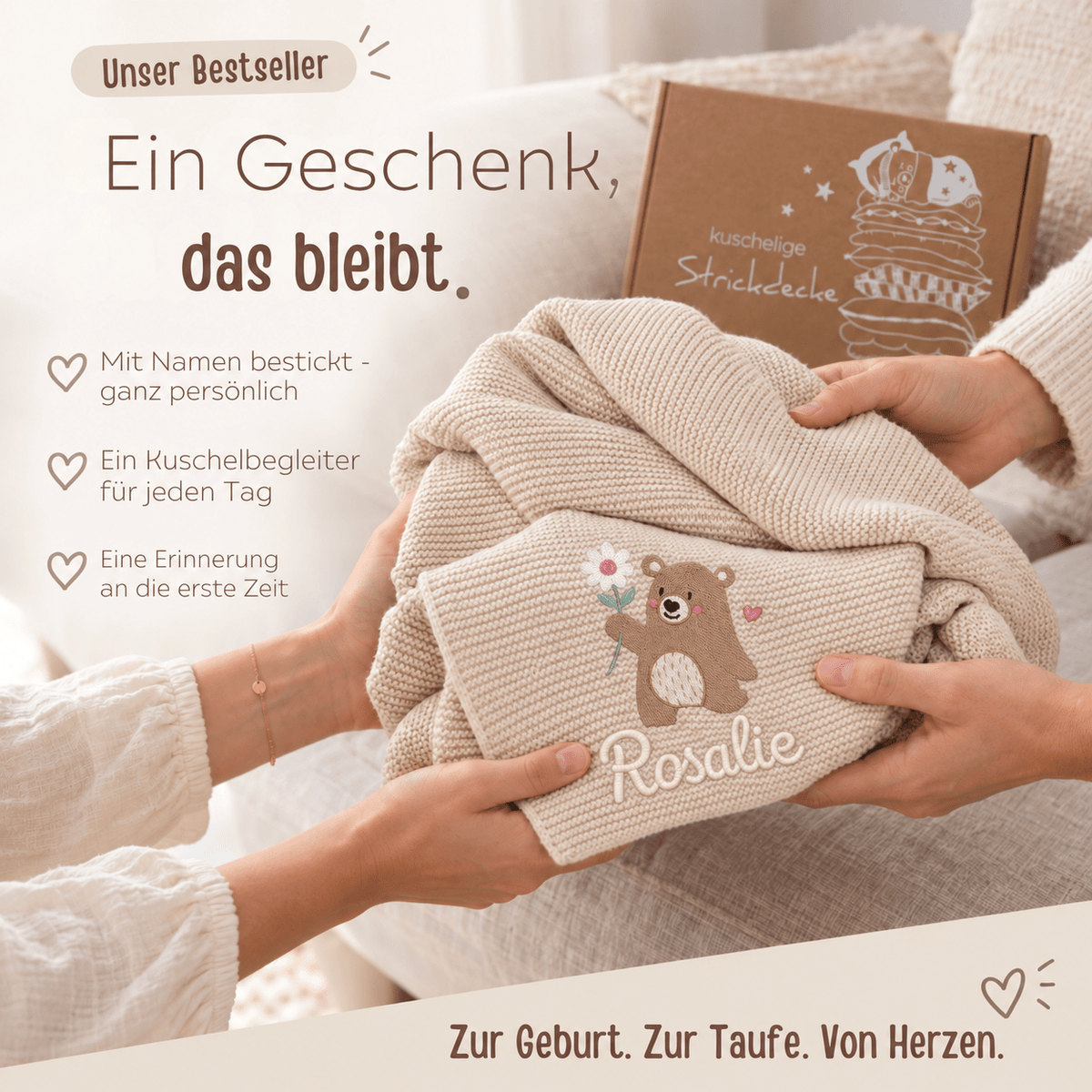 Baby Strickdecke aus 100% Bio-Baumwolle personalisiert - Bär mit Blume - wunderwunsch