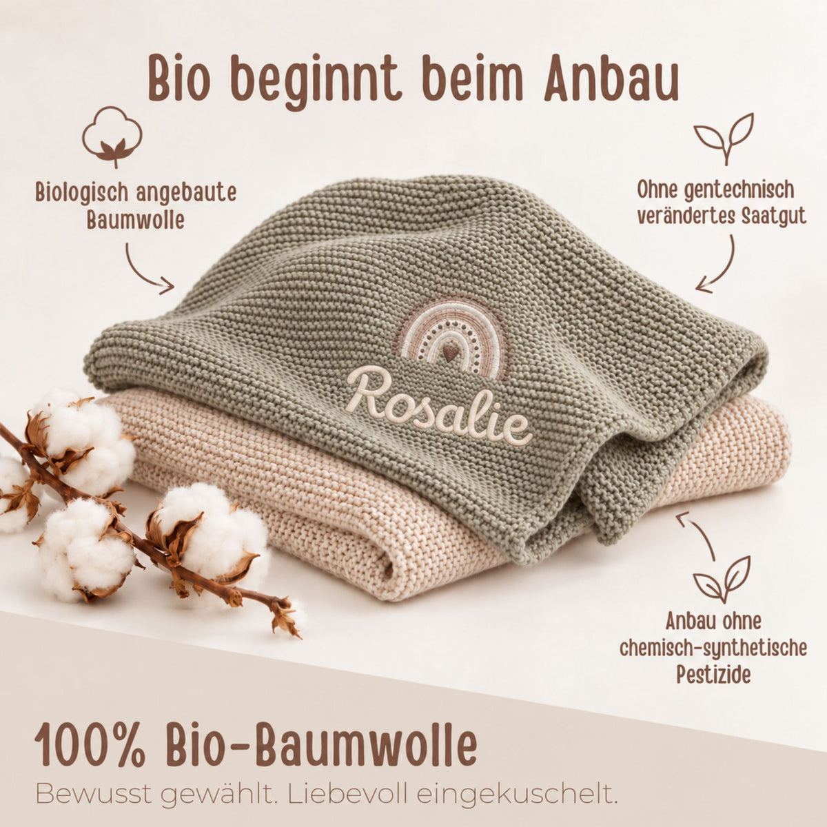 Baby Strickdecke aus 100% Bio-Baumwolle personalisiert - Regenbogen - wunderwunsch