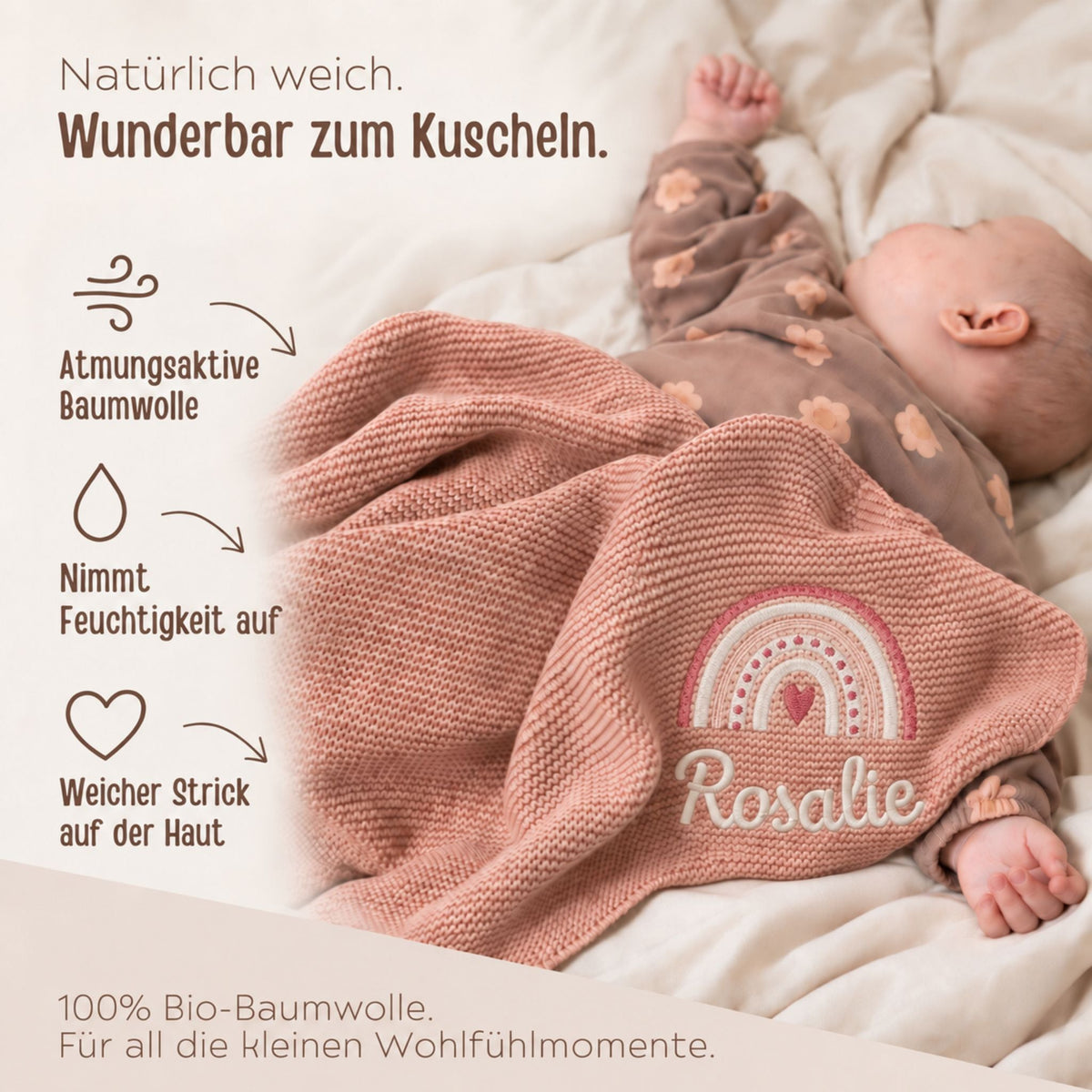 Baby Strickdecke aus 100% Bio-Baumwolle personalisiert - Regenbogen - wunderwunsch