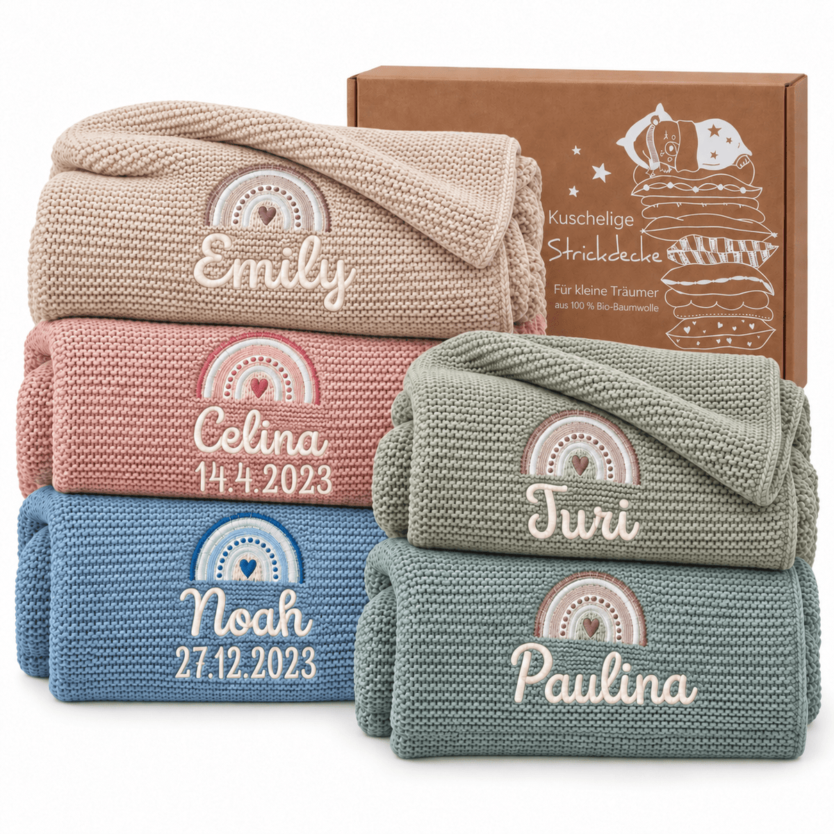 Baby Strickdecke aus 100% Bio-Baumwolle personalisiert - Regenbogen - wunderwunsch