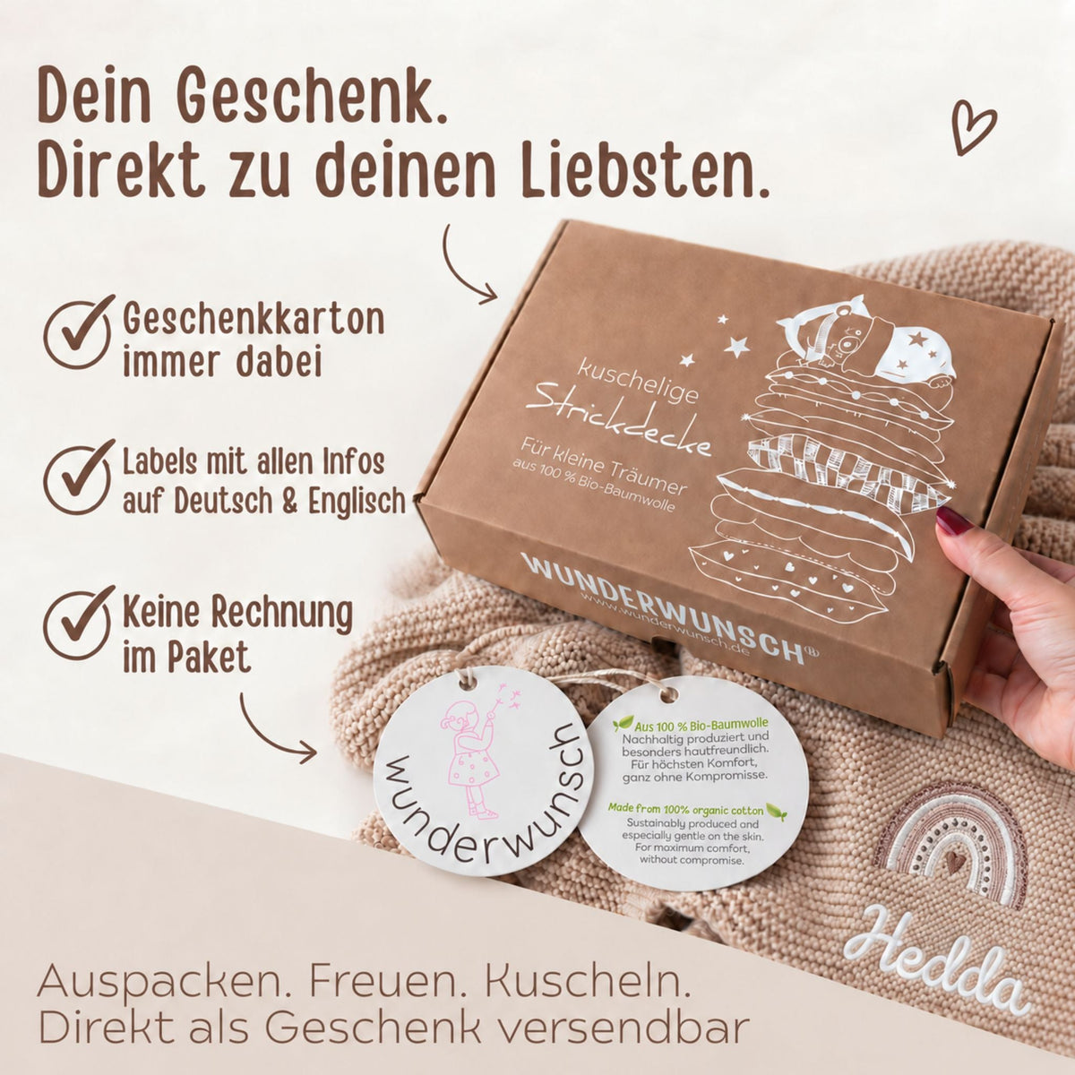 Baby Strickdecke aus 100% Bio-Baumwolle personalisiert - Regenbogen - wunderwunsch