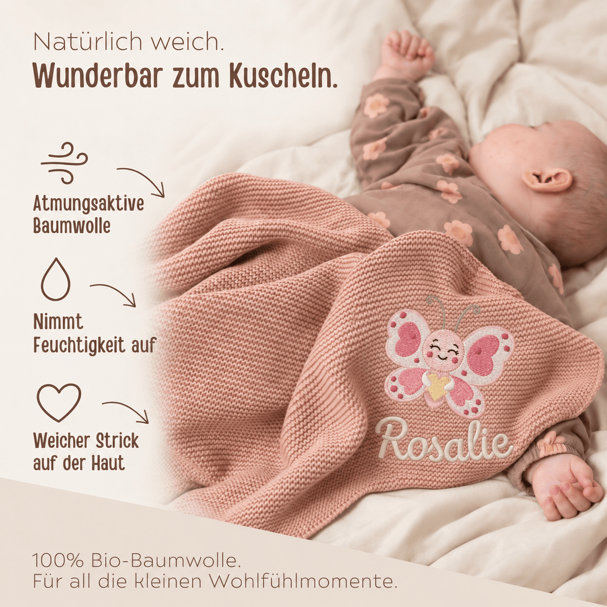 Baby Strickdecke aus 100% Bio-Baumwolle personalisiert - Schmetterling mit Herz - wunderwunsch