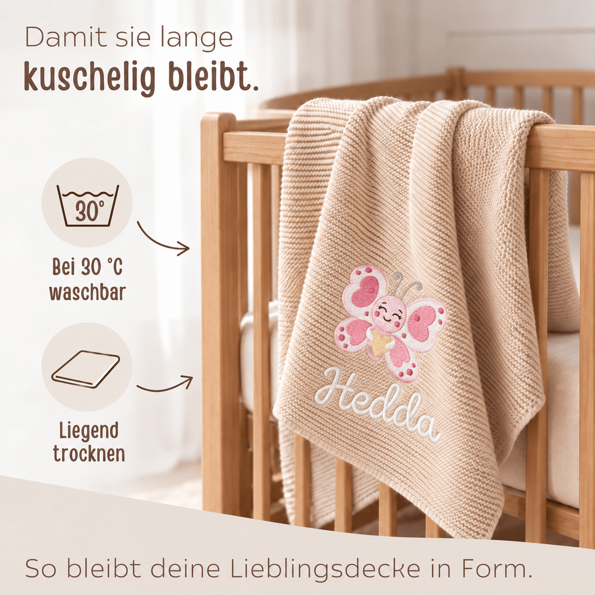 Baby Strickdecke aus 100% Bio-Baumwolle personalisiert - Schmetterling mit Herz - wunderwunsch