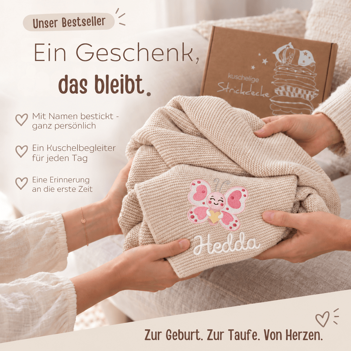 Baby Strickdecke aus 100% Bio-Baumwolle personalisiert - Schmetterling mit Herz - wunderwunsch