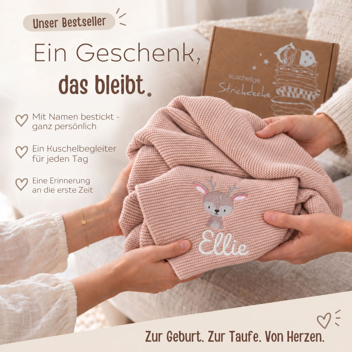 Baby Strickdecke aus 100% Bio-Baumwolle personalisiert - Tierkopf - wunderwunsch