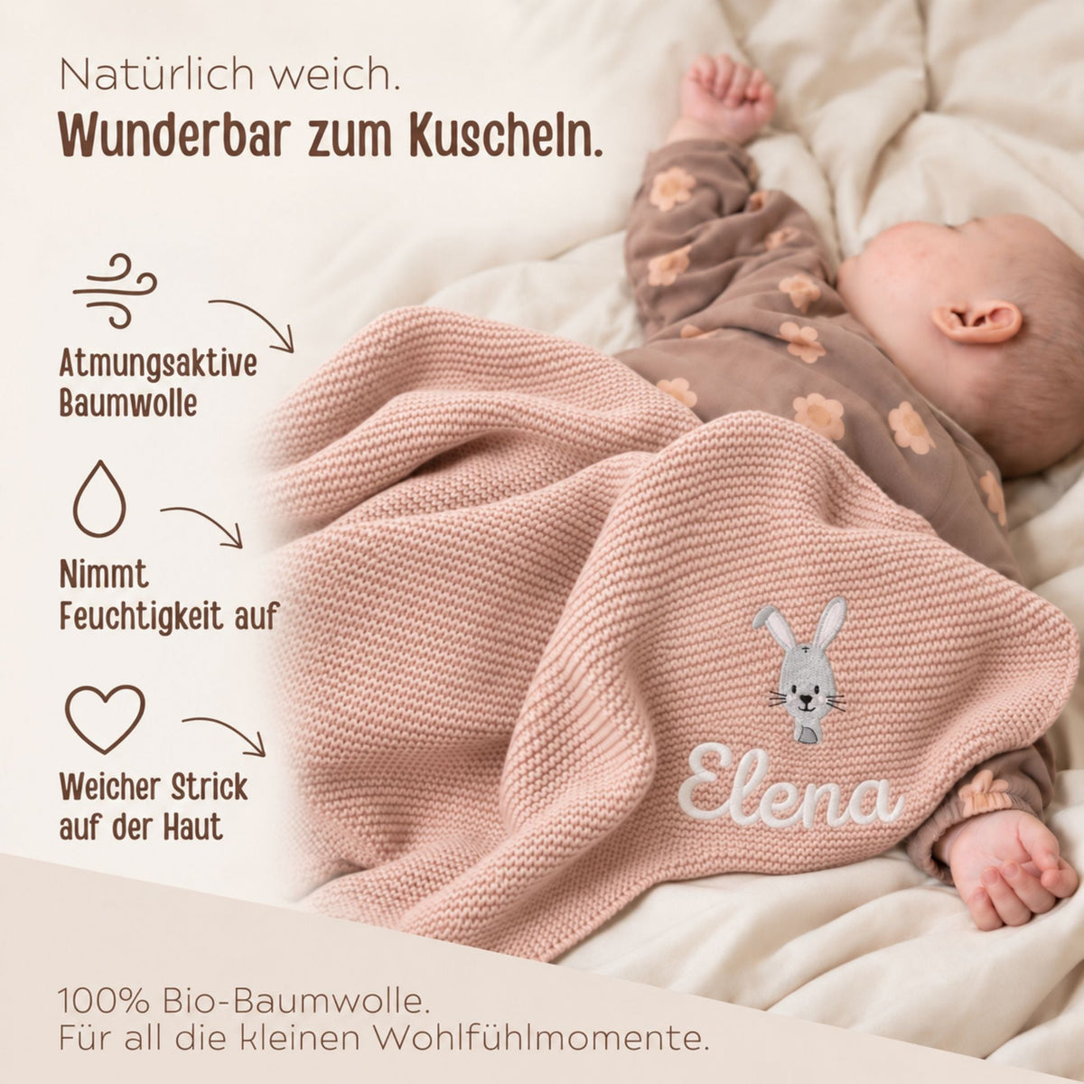 Baby Strickdecke aus 100% Bio-Baumwolle personalisiert - Tierkopf - wunderwunsch