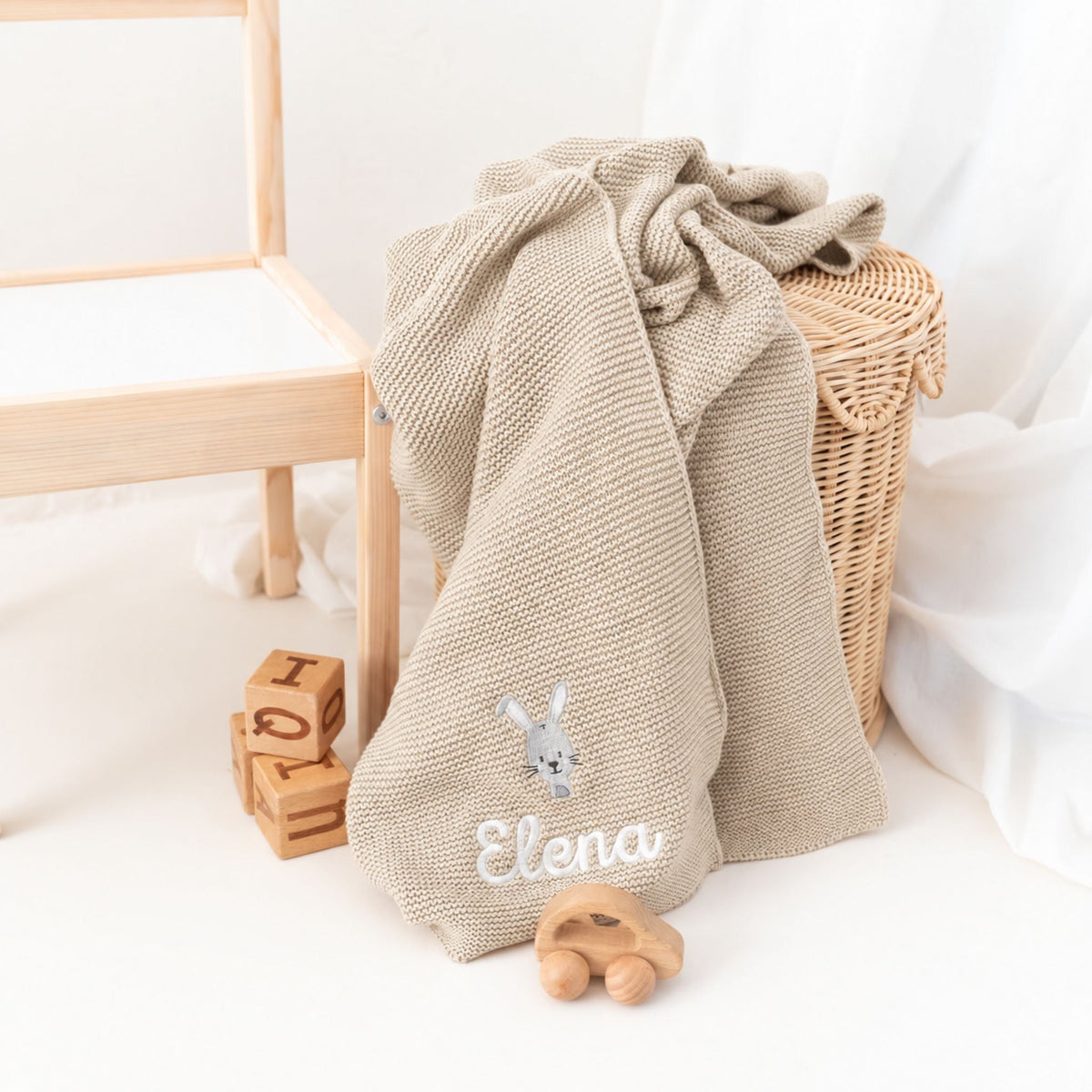 Baby Strickdecke aus 100% Bio-Baumwolle personalisiert - Tierkopf - wunderwunsch