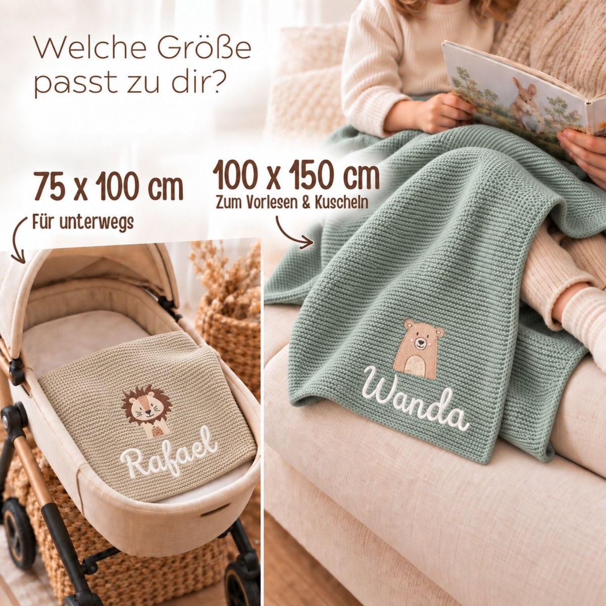 Baby Strickdecke aus 100% Bio-Baumwolle personalisiert - Tierkopf - wunderwunsch