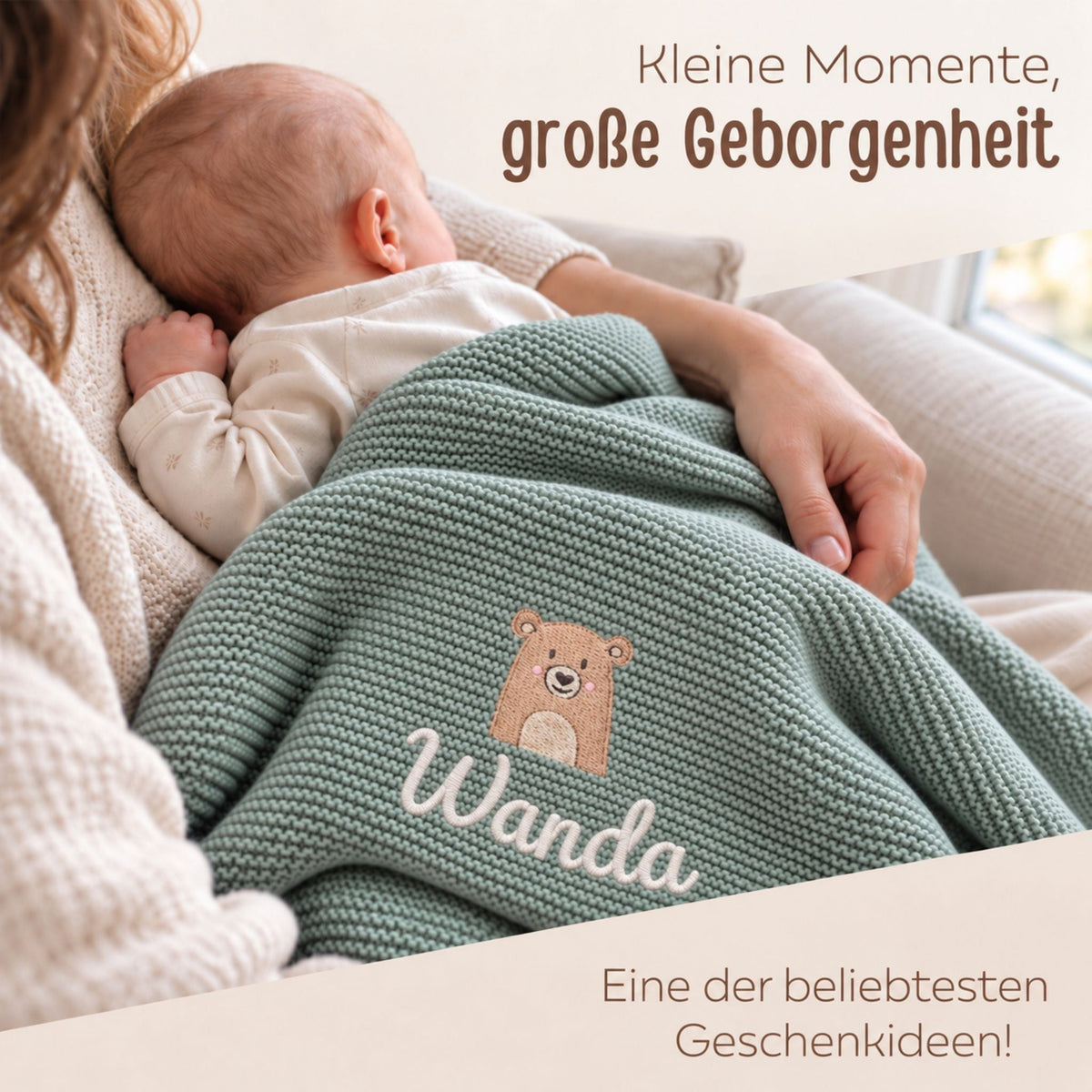 Baby Strickdecke aus 100% Bio-Baumwolle personalisiert - Tierkopf - wunderwunsch