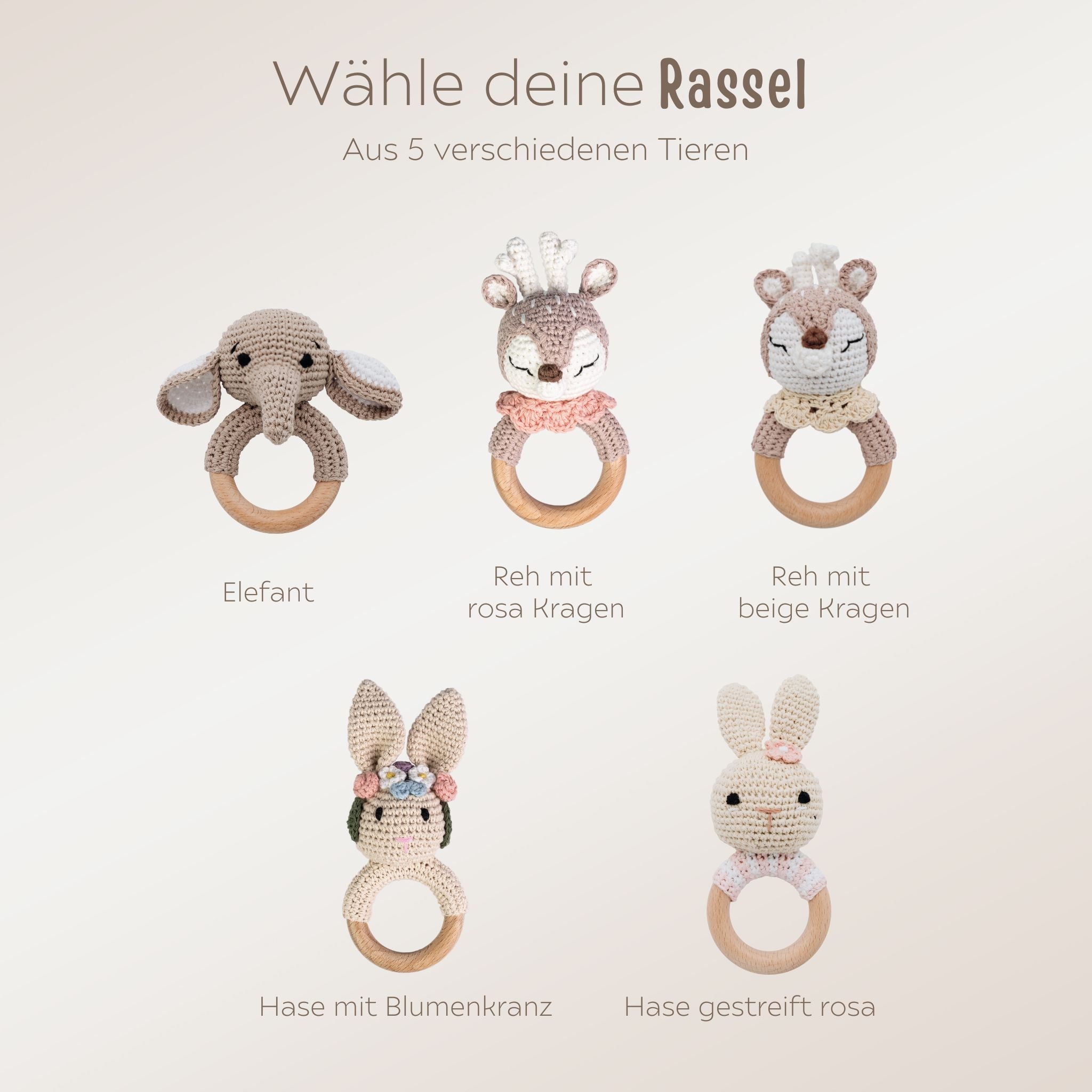 Babyrassel personalisiert - Elefant, Reh, Hase - wunderwunsch