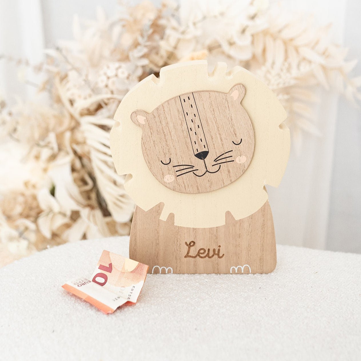 BAMBINO Spardose aus Holz Löwe, Elefant & Wal - personalisierbar - wunderwunsch