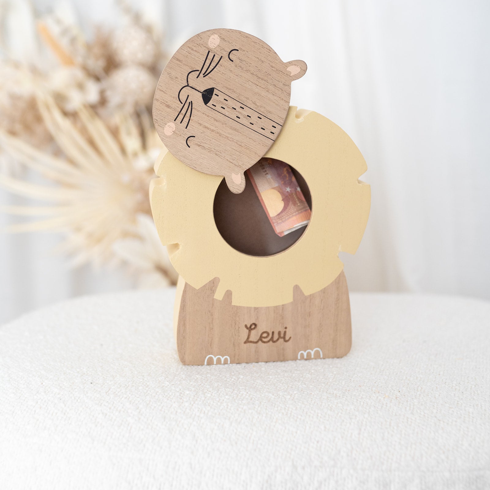 BAMBINO Spardose Holz mit Wunschnamen - Löwe - wunderwunsch